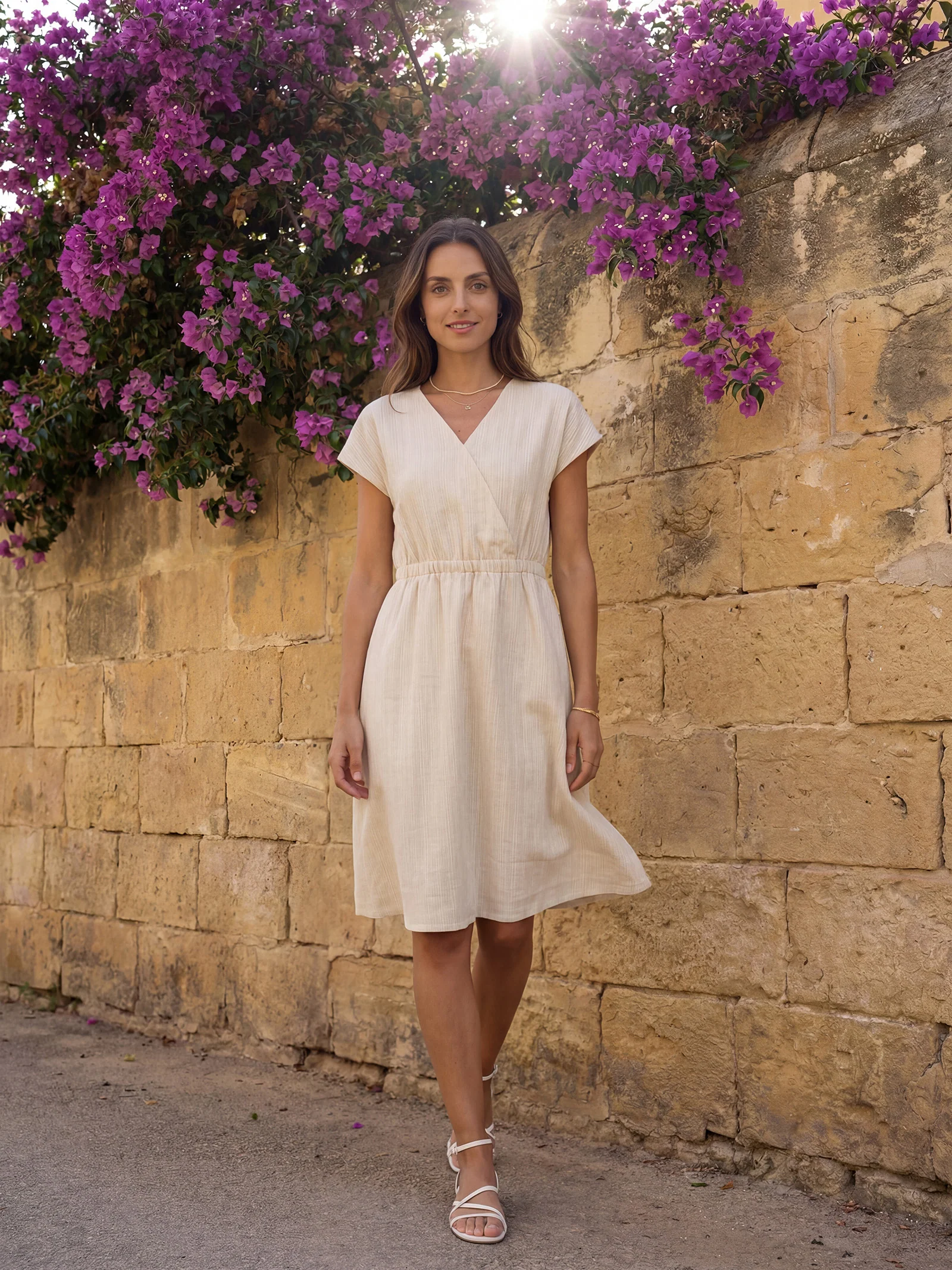 100% Linen Striped Elastic-Waist Midi Dress ARIA - Image 24