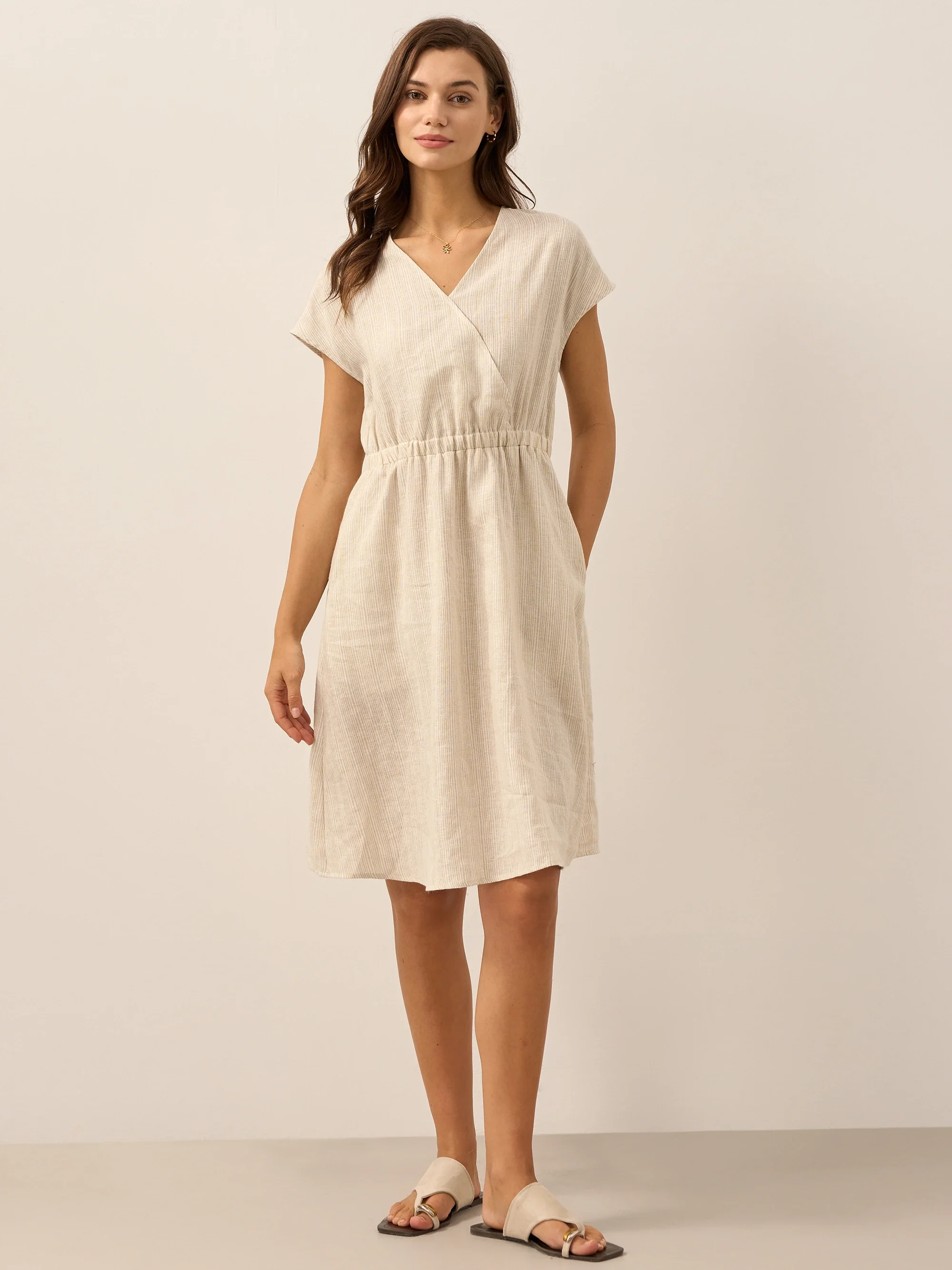 100% Linen Striped Elastic-Waist Midi Dress ARIA - Image 23