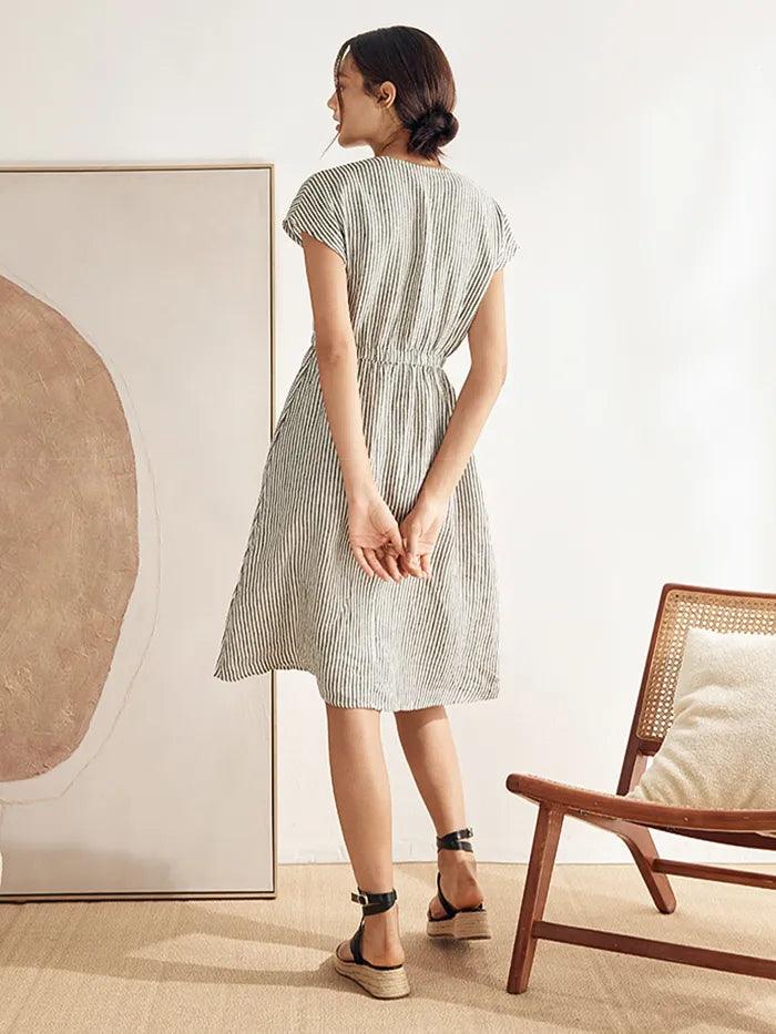 100% Linen Striped Elastic-Waist Midi Dress ARIA - Image 4