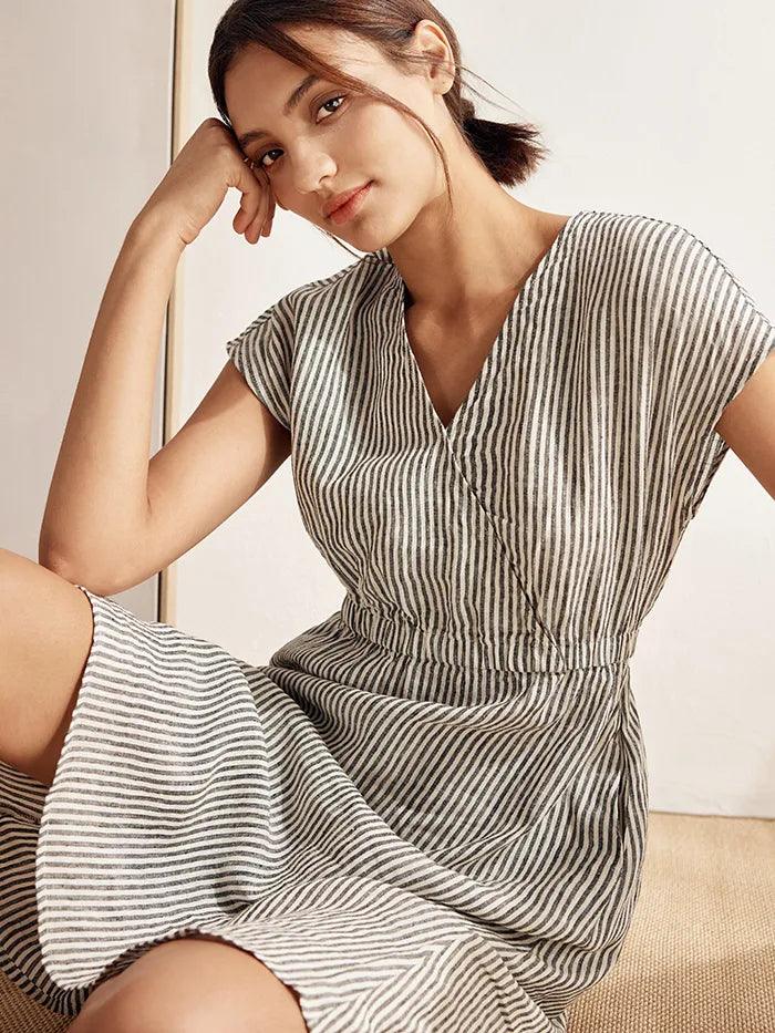 100% Linen Striped Elastic-Waist Midi Dress ARIA - Image 5