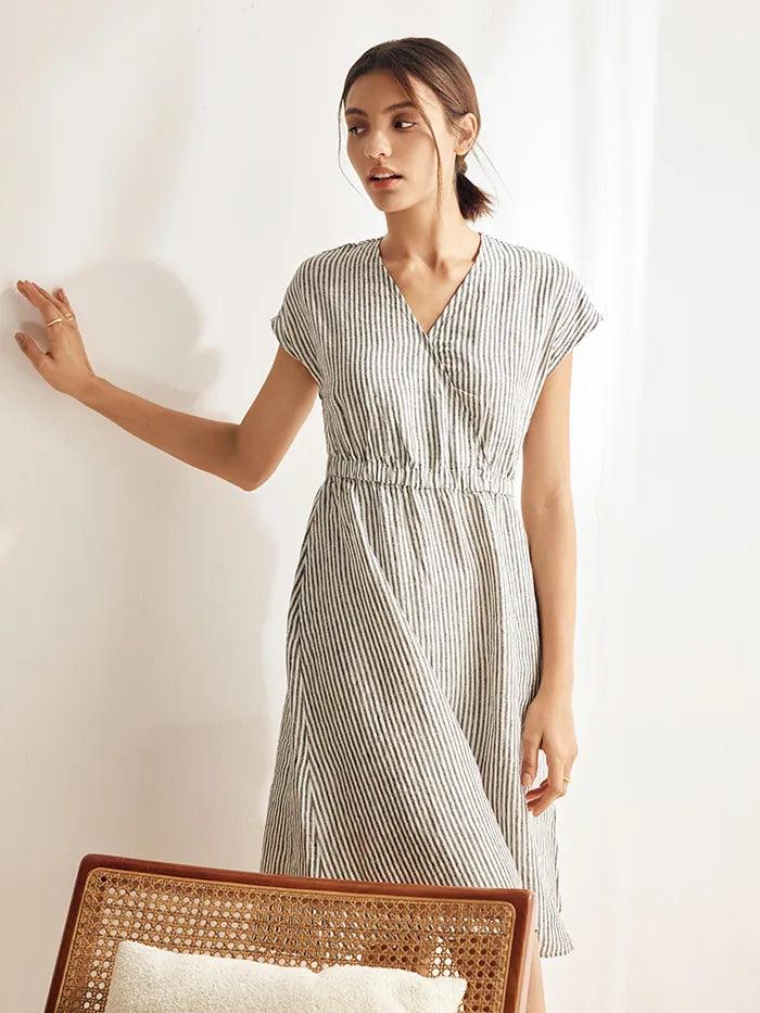 100% Linen Striped Elastic-Waist Midi Dress ARIA - Image 6