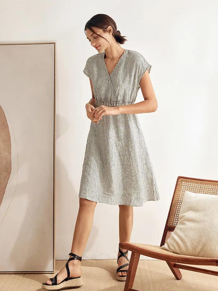 100% Linen Striped Elastic-Waist Midi Dress ARIA - Image 7