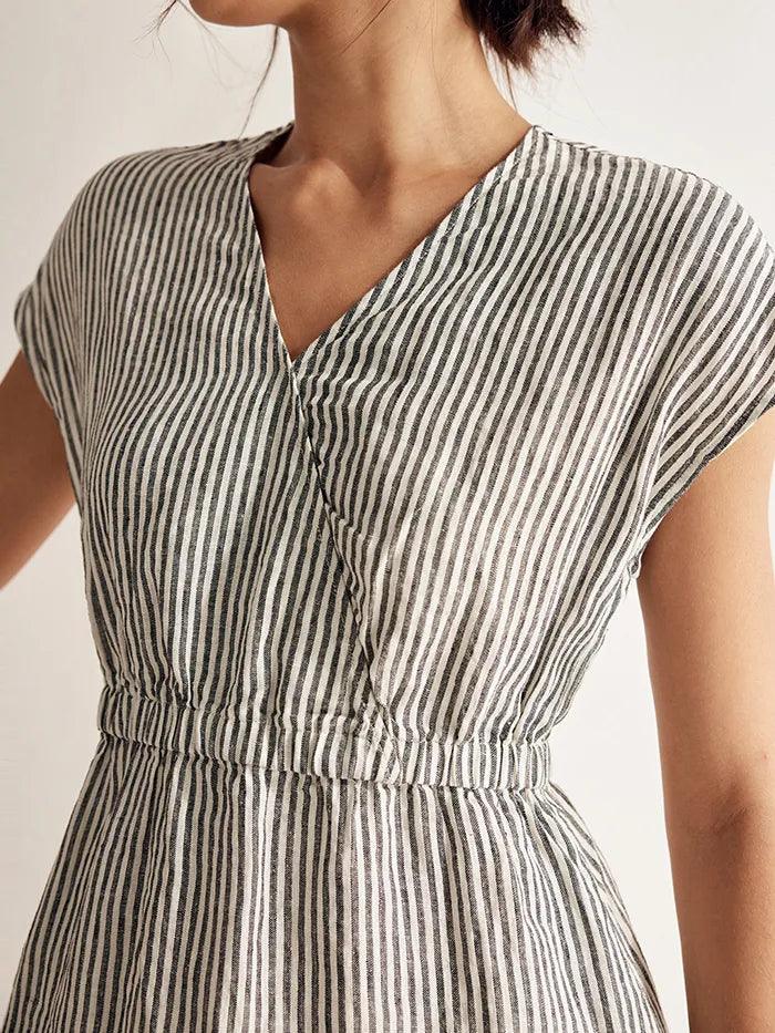 100% Linen Striped Elastic-Waist Midi Dress ARIA - Image 8