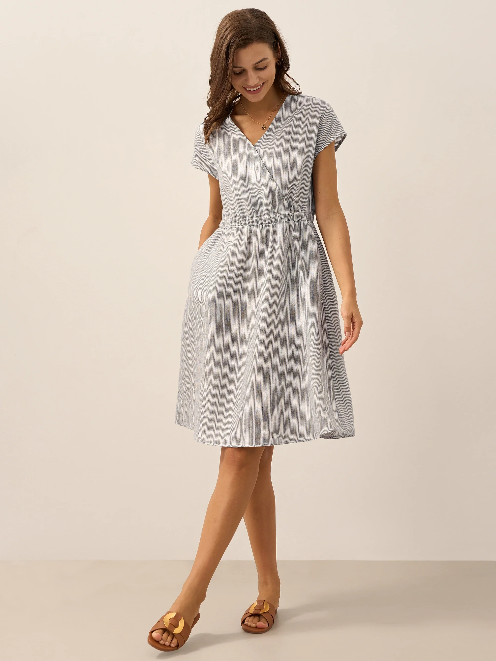 100% Linen Striped Elastic-Waist Midi Dress ARIA - Image 11