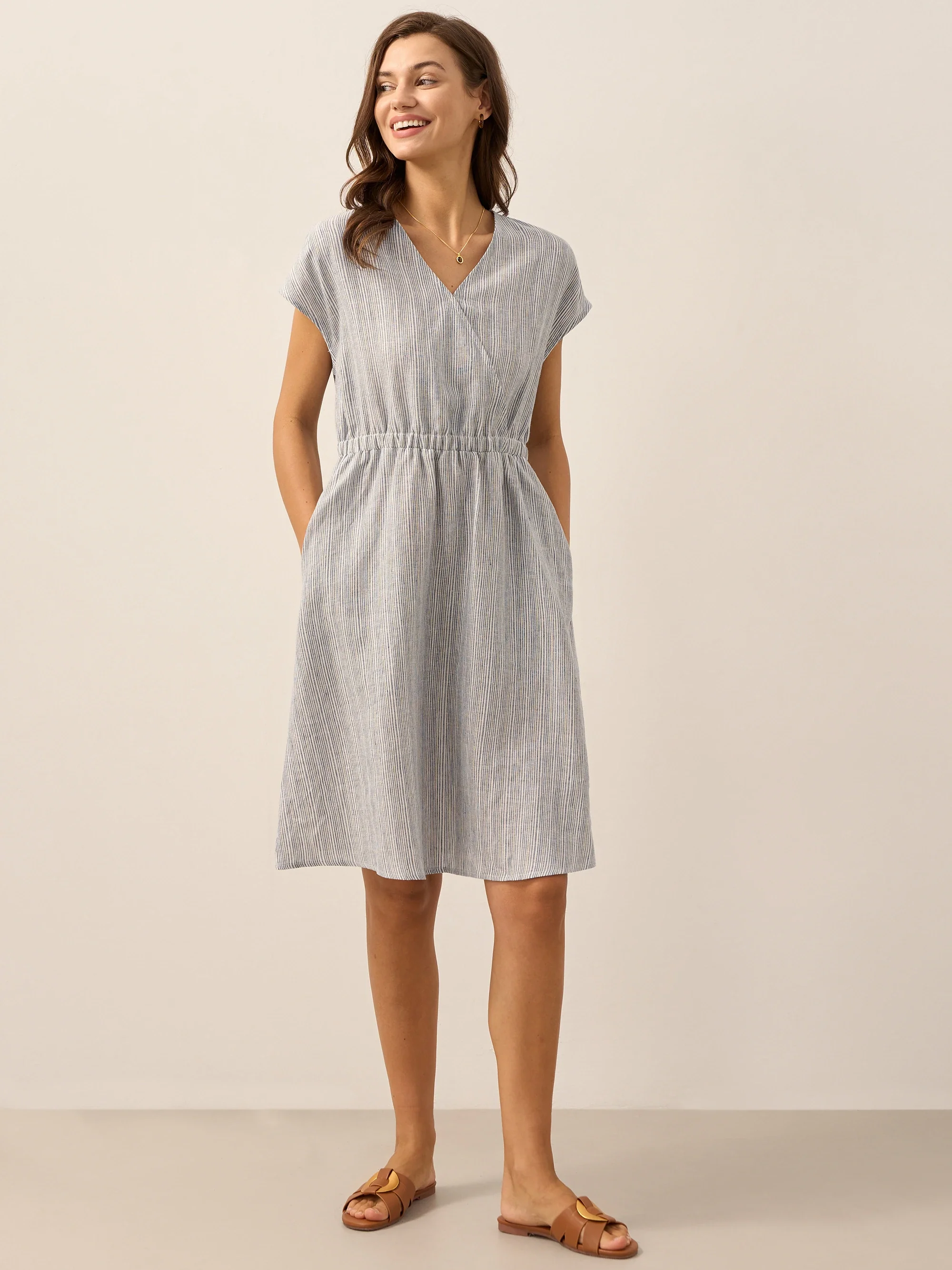 100% Linen Striped Elastic-Waist Midi Dress ARIA - Image 13
