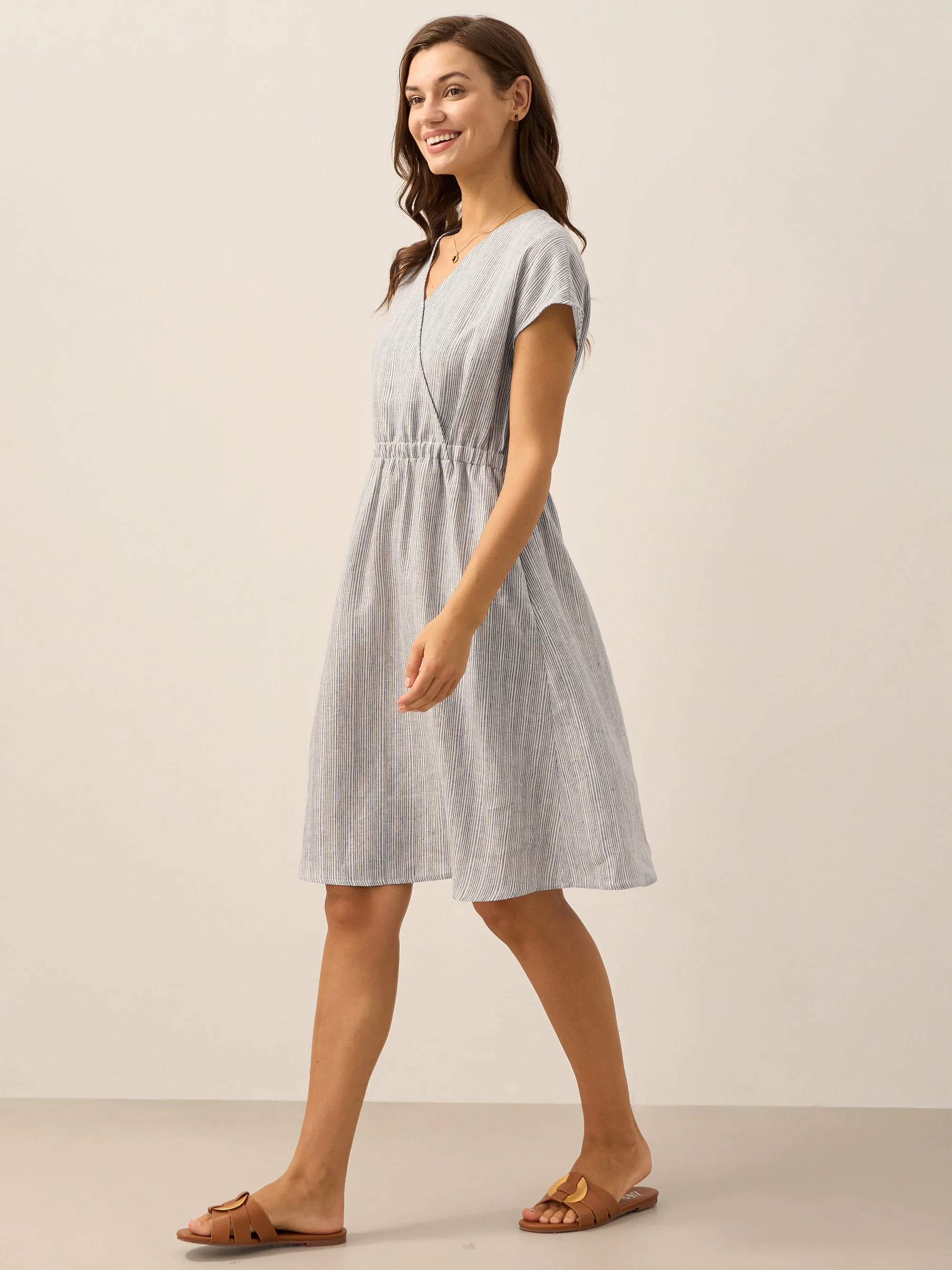 100% Linen Striped Elastic-Waist Midi Dress ARIA - Image 14