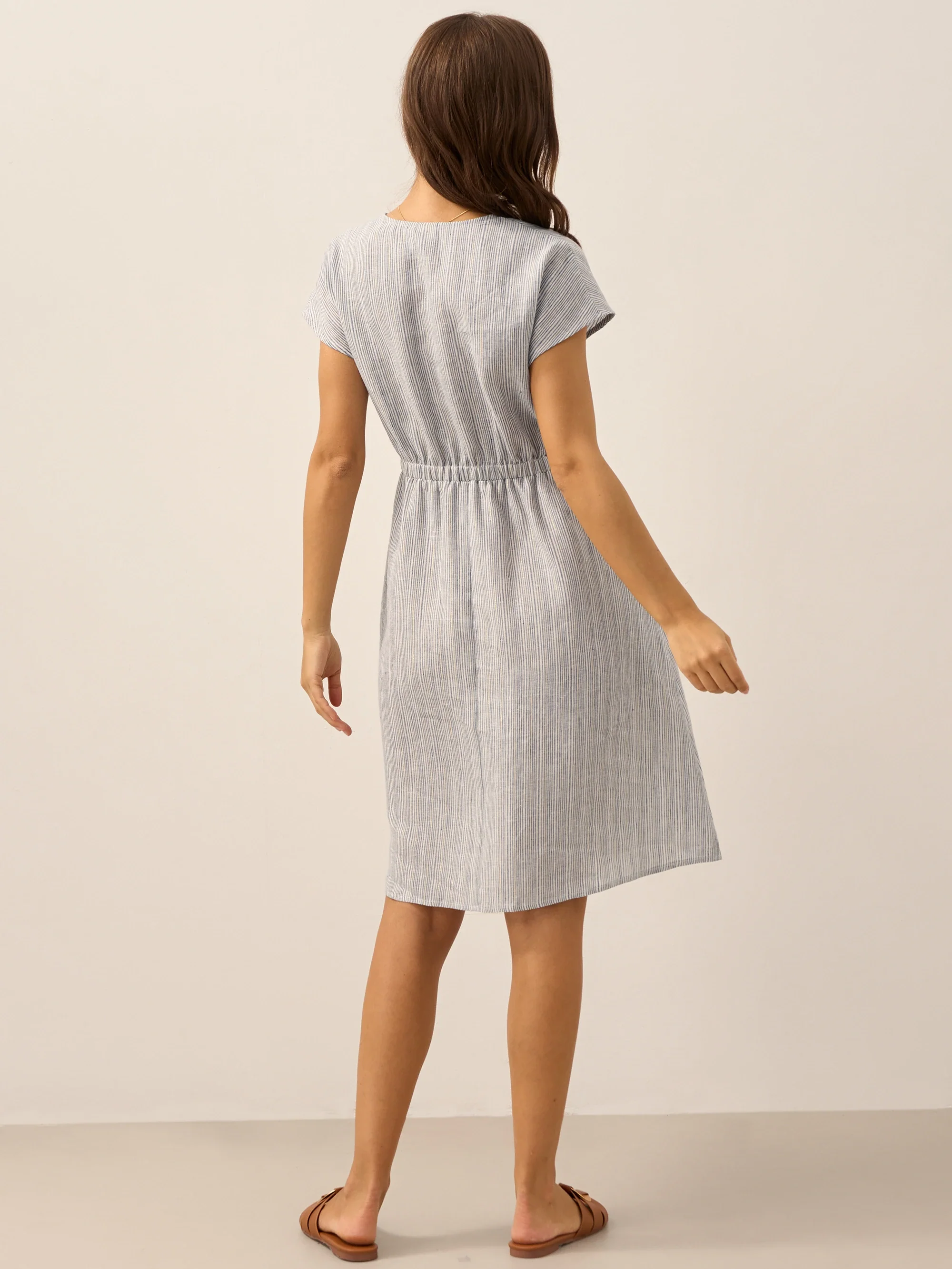 100% Linen Striped Elastic-Waist Midi Dress ARIA - Image 15