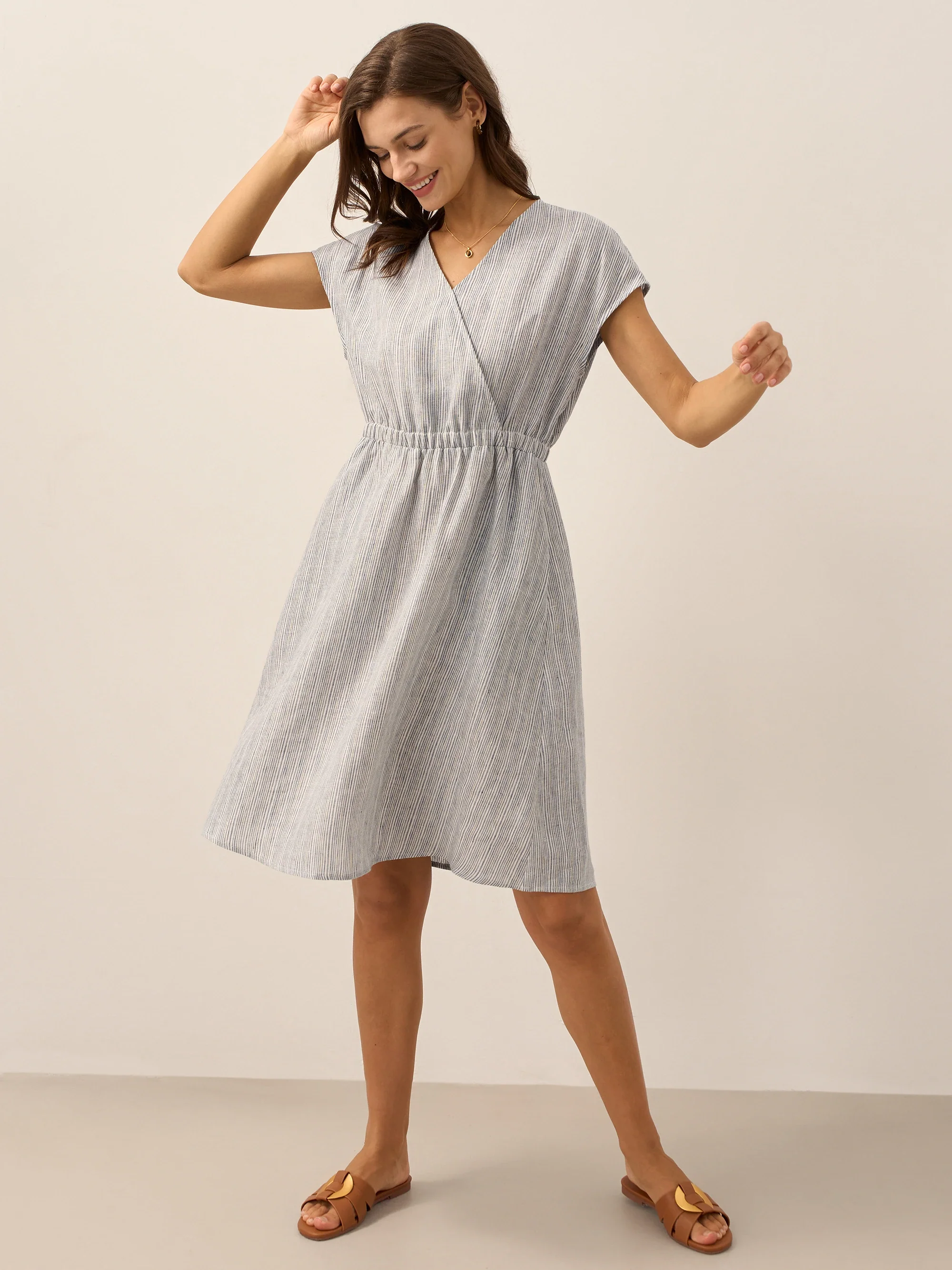 100% Linen Striped Elastic-Waist Midi Dress ARIA - Image 16