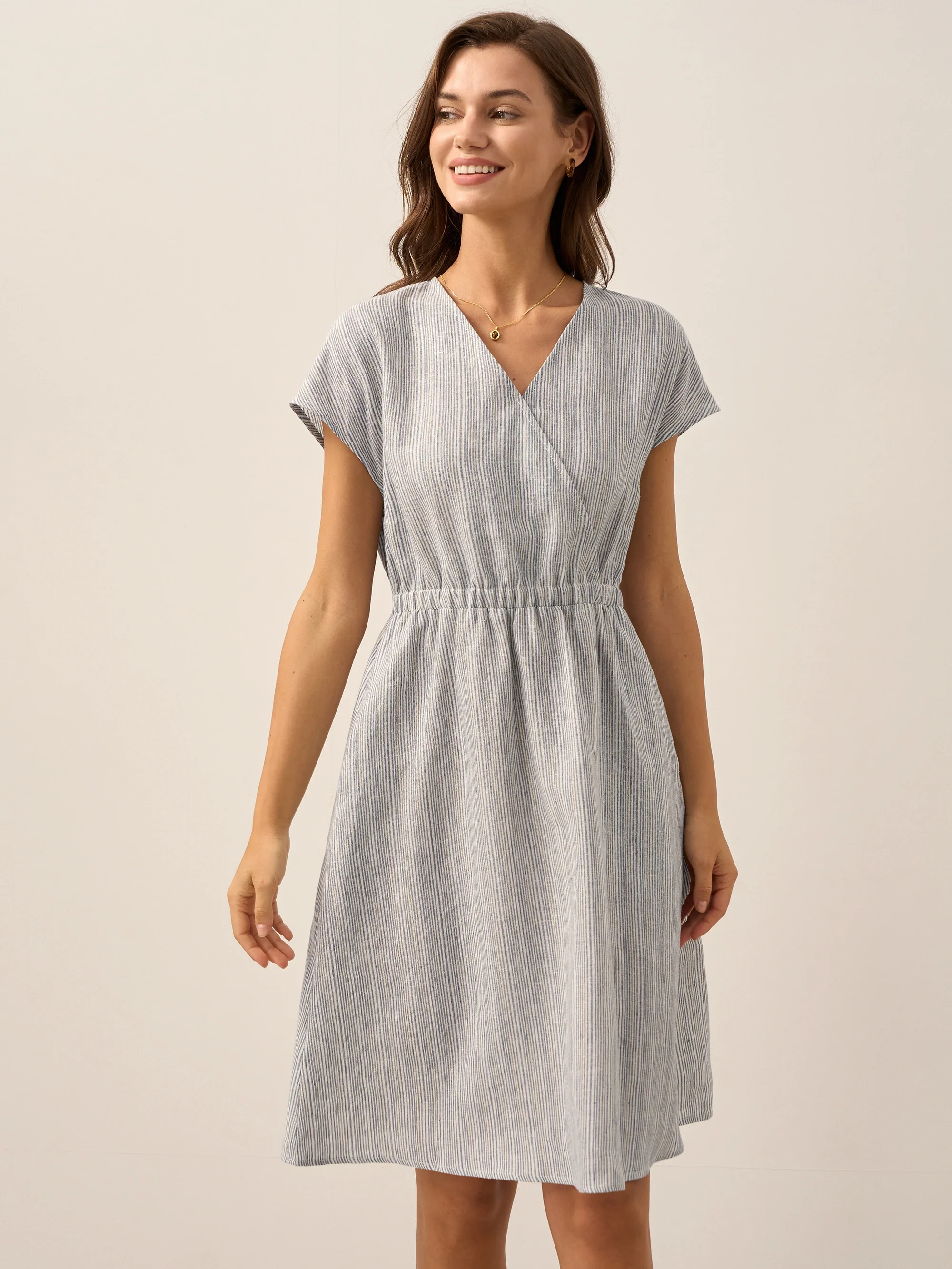 100% Linen Striped Elastic-Waist Midi Dress ARIA - Image 18
