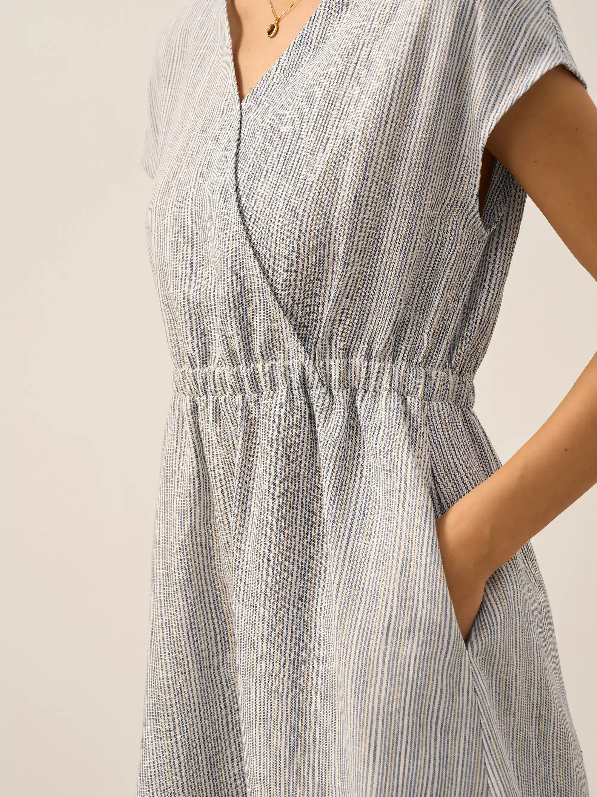 100% Linen Striped Elastic-Waist Midi Dress ARIA - Image 19