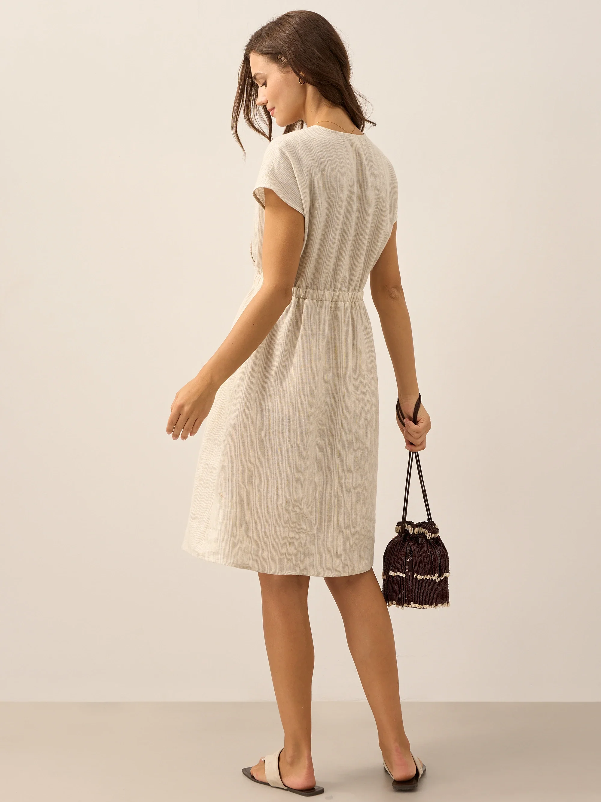 100% Linen Striped Elastic-Waist Midi Dress ARIA - Image 27