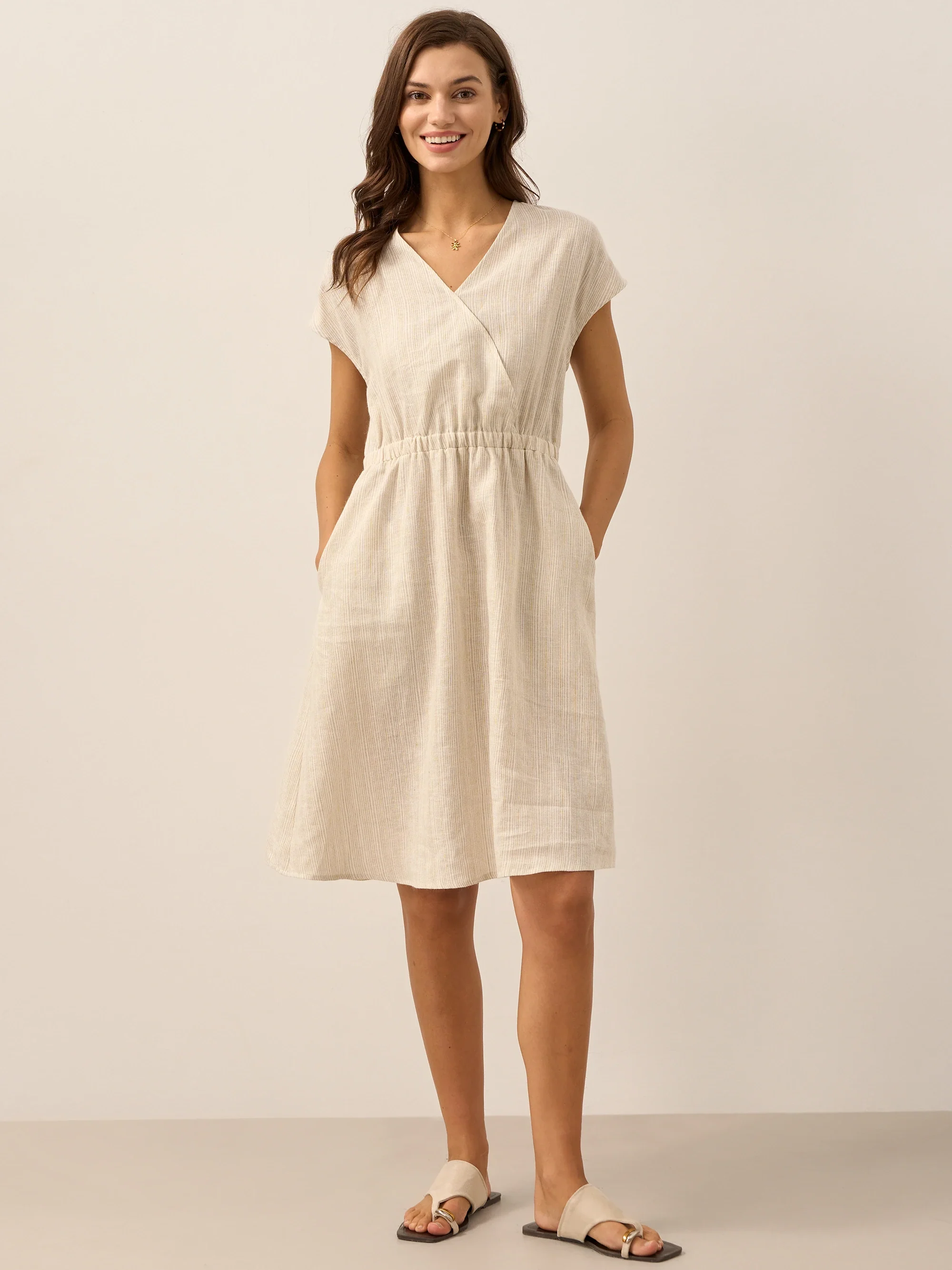 100% Linen Striped Elastic-Waist Midi Dress ARIA - Image 28