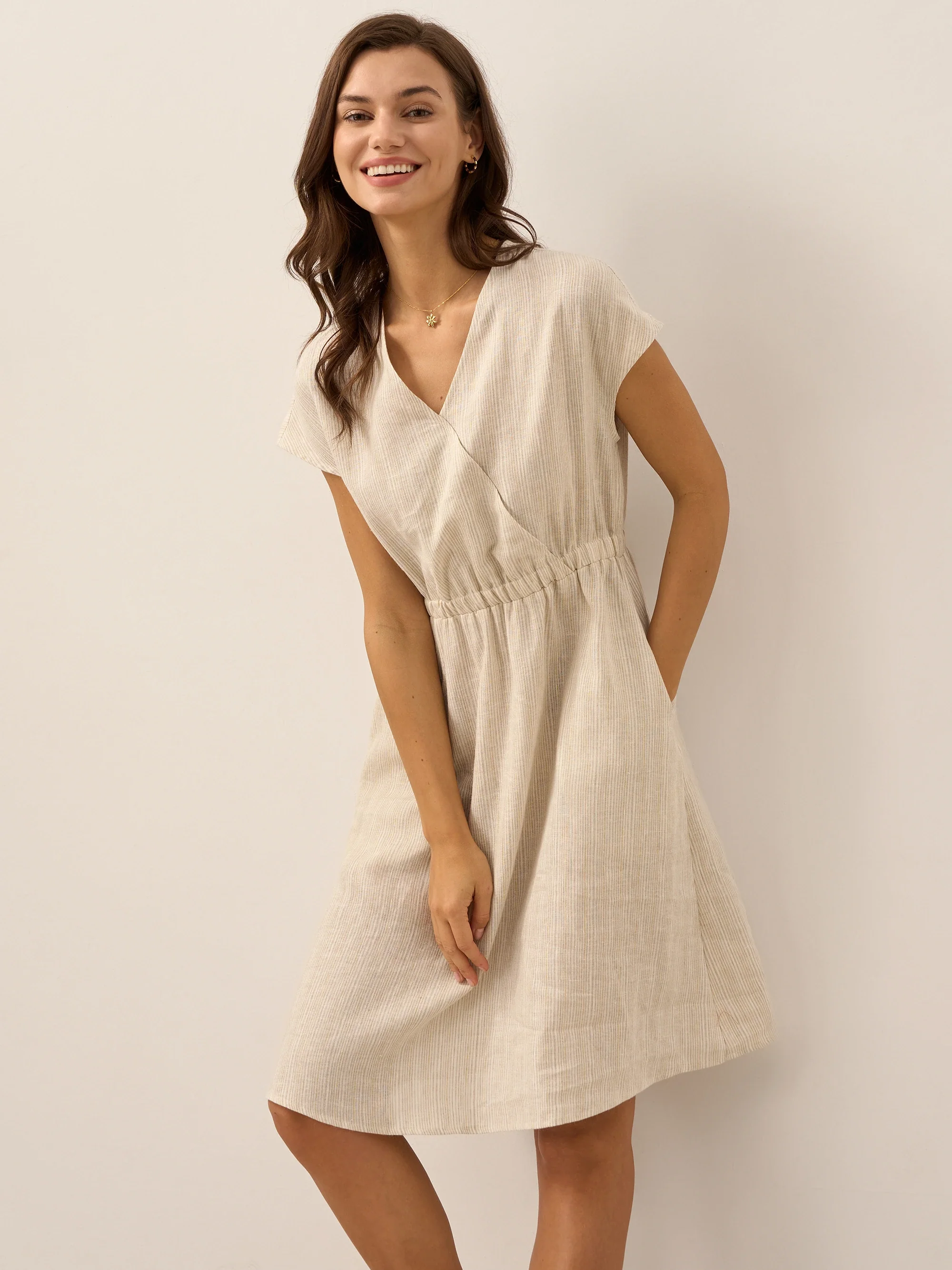 100% Linen Striped Elastic-Waist Midi Dress ARIA - Image 29