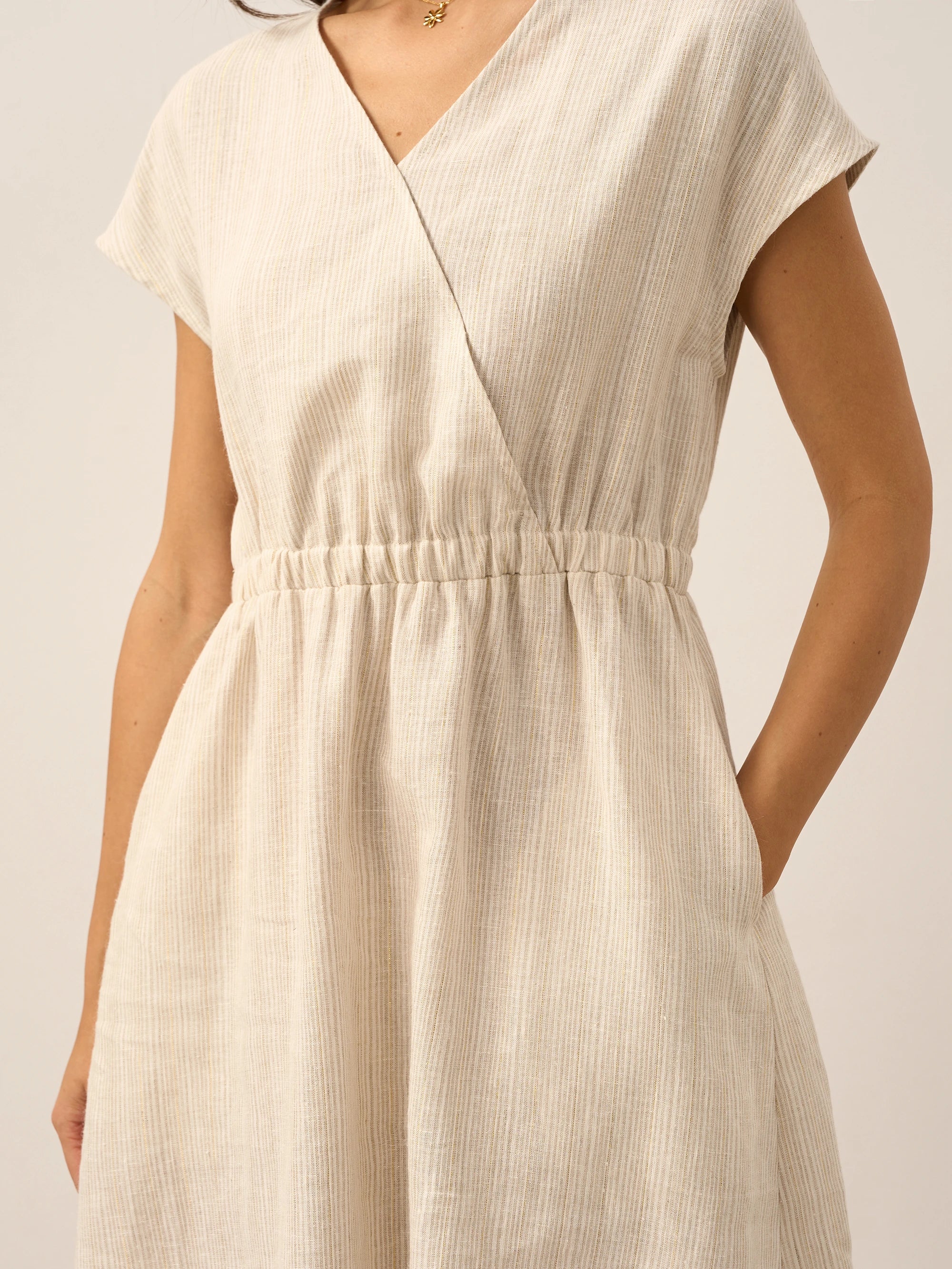100% Linen Striped Elastic-Waist Midi Dress ARIA - Image 30