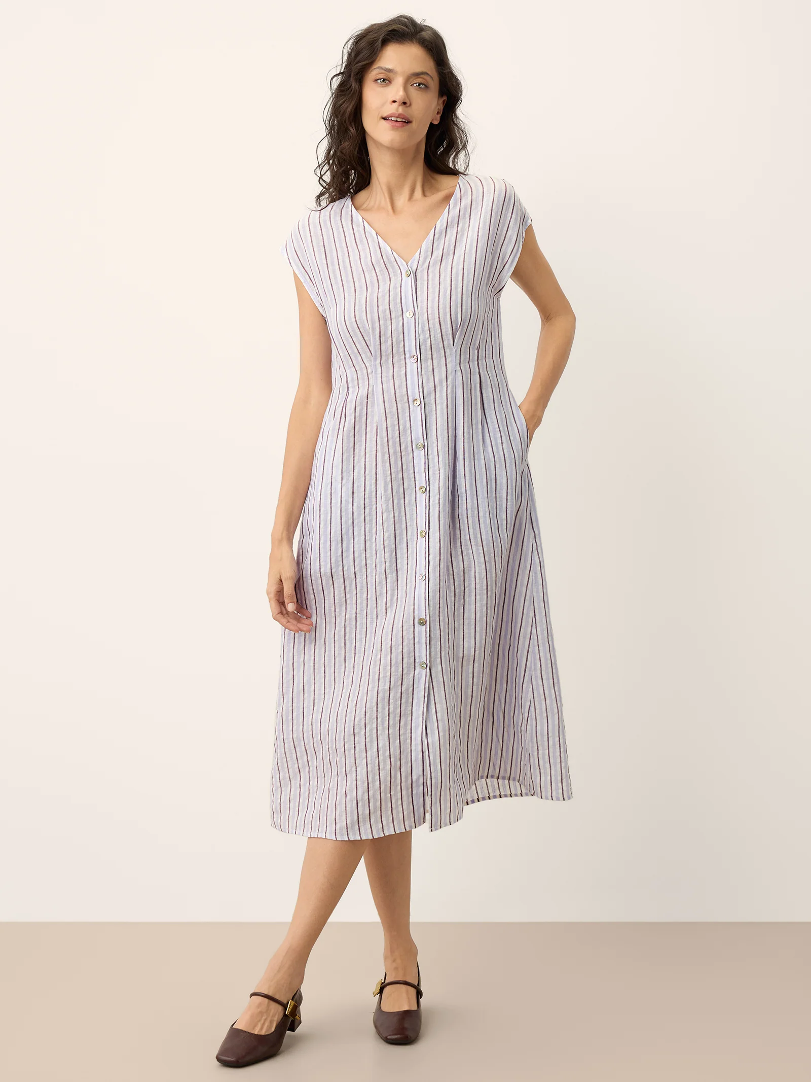 100% Linen Striped Tailored Cap Sleeve Maxi Dress AGNES