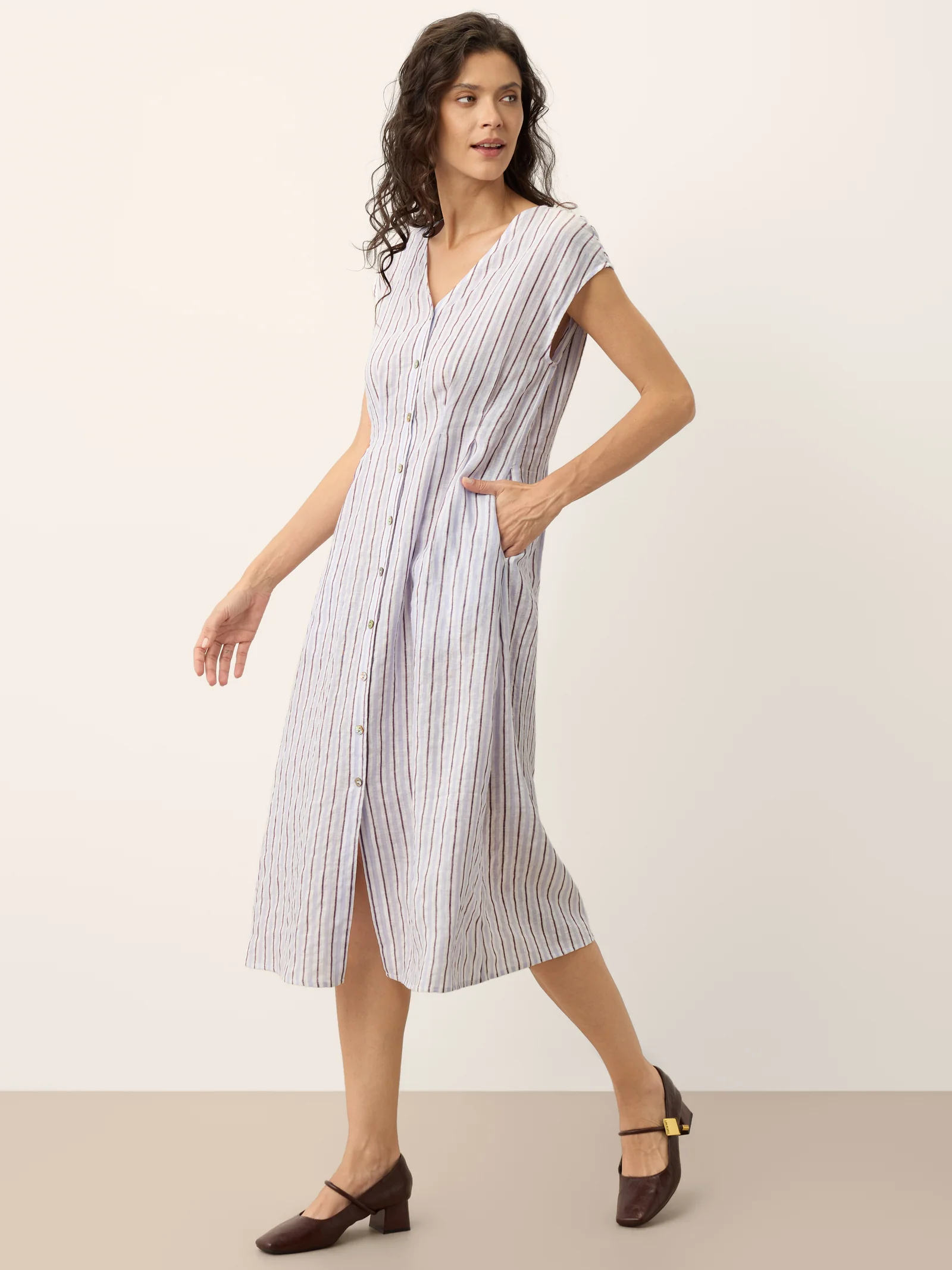 100% Linen Striped Tailored Cap Sleeve Maxi Dress AGNES - Image 10