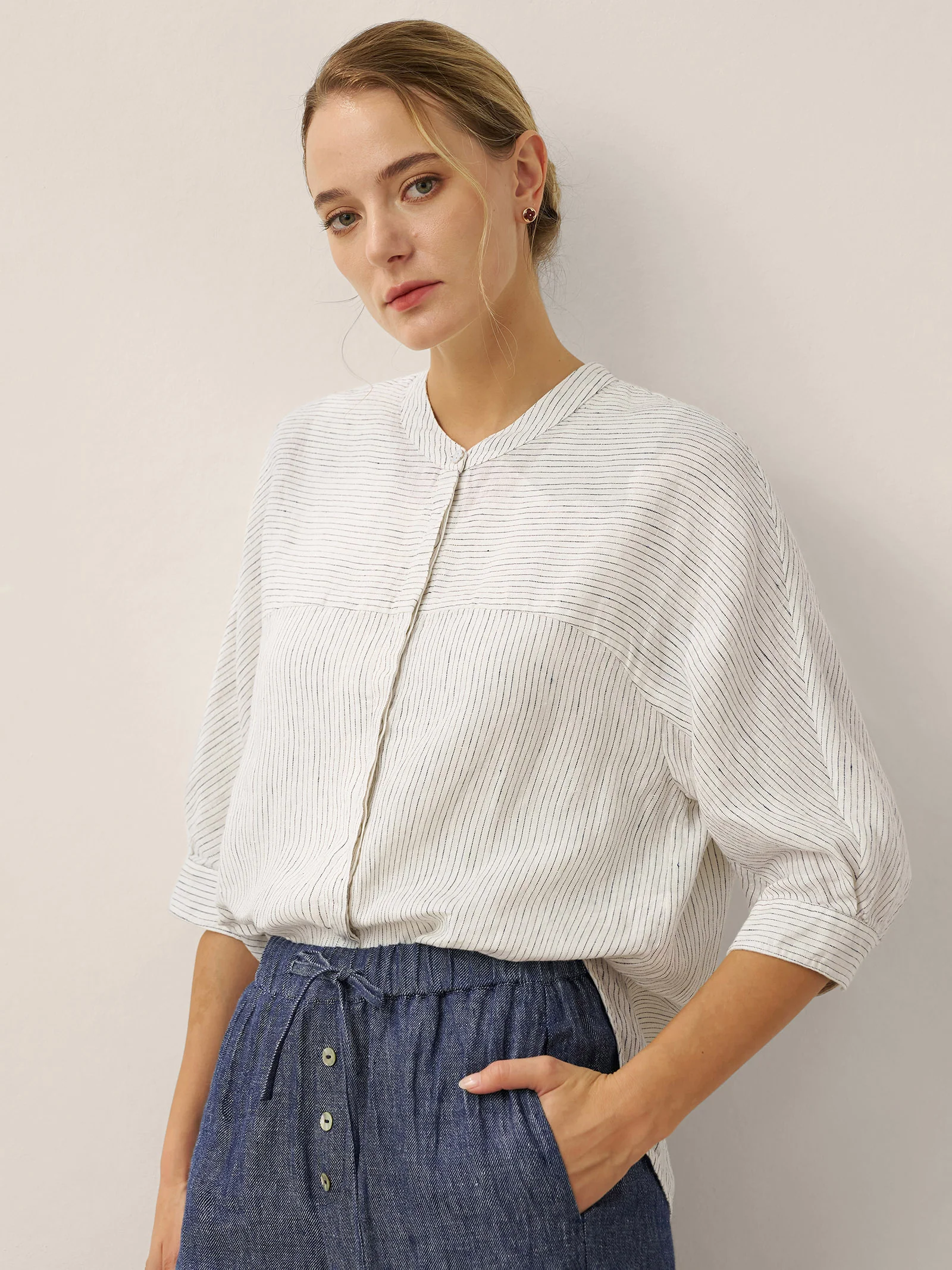 100% Linen Striped Three-Quarter Sleeve Shirt SKYLAR - Image 2