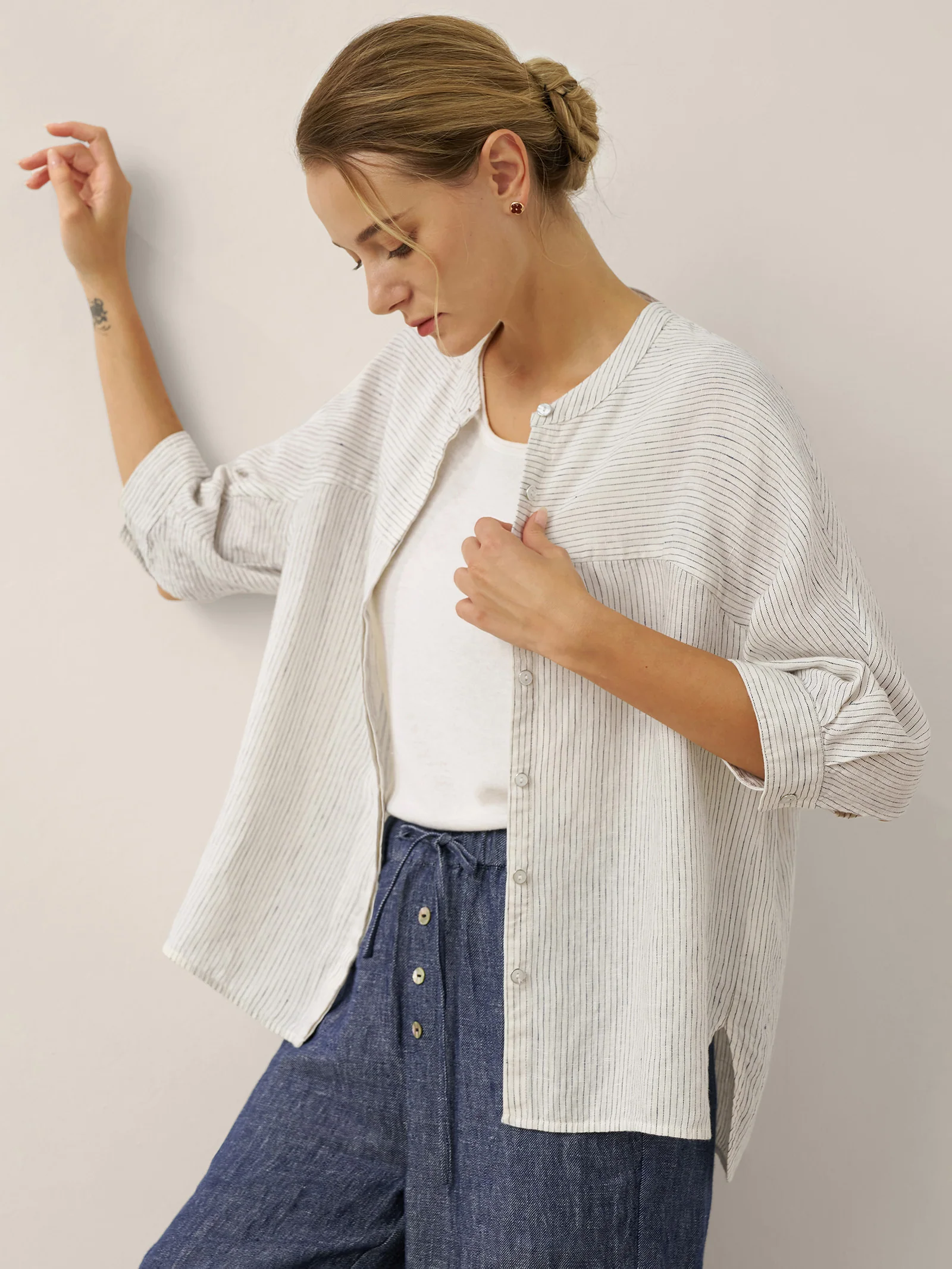 100% Linen Striped Three-Quarter Sleeve Shirt SKYLAR - Image 4