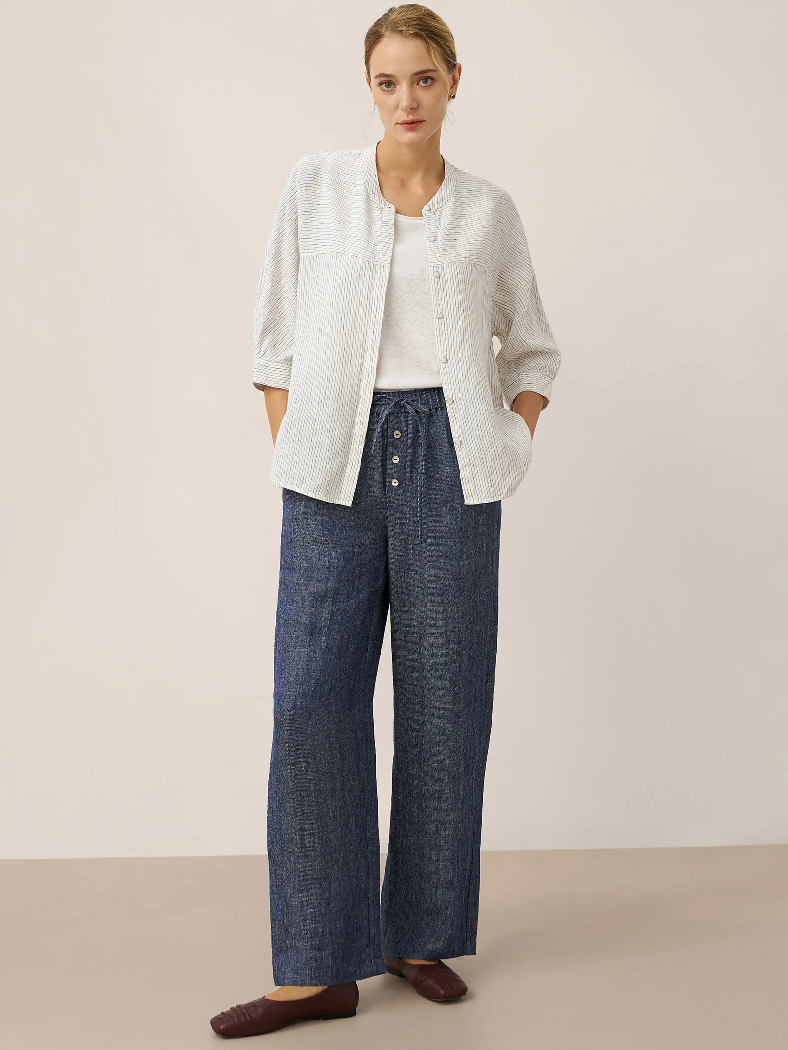 100% Linen Striped Three-Quarter Sleeve Shirt SKYLAR - Image 7