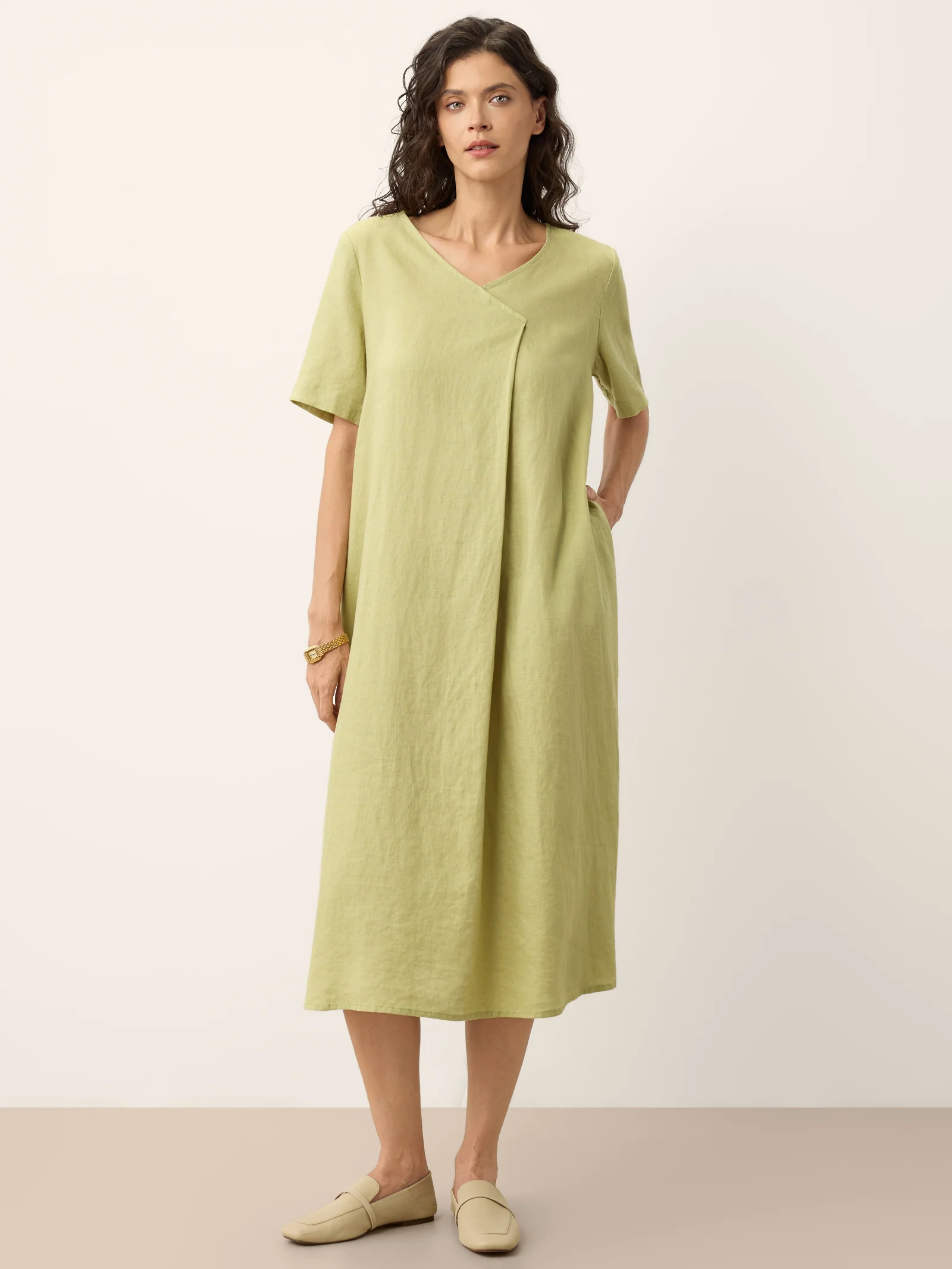 100% Linen Surplice Neck A Line Maxi Dress JUDITH