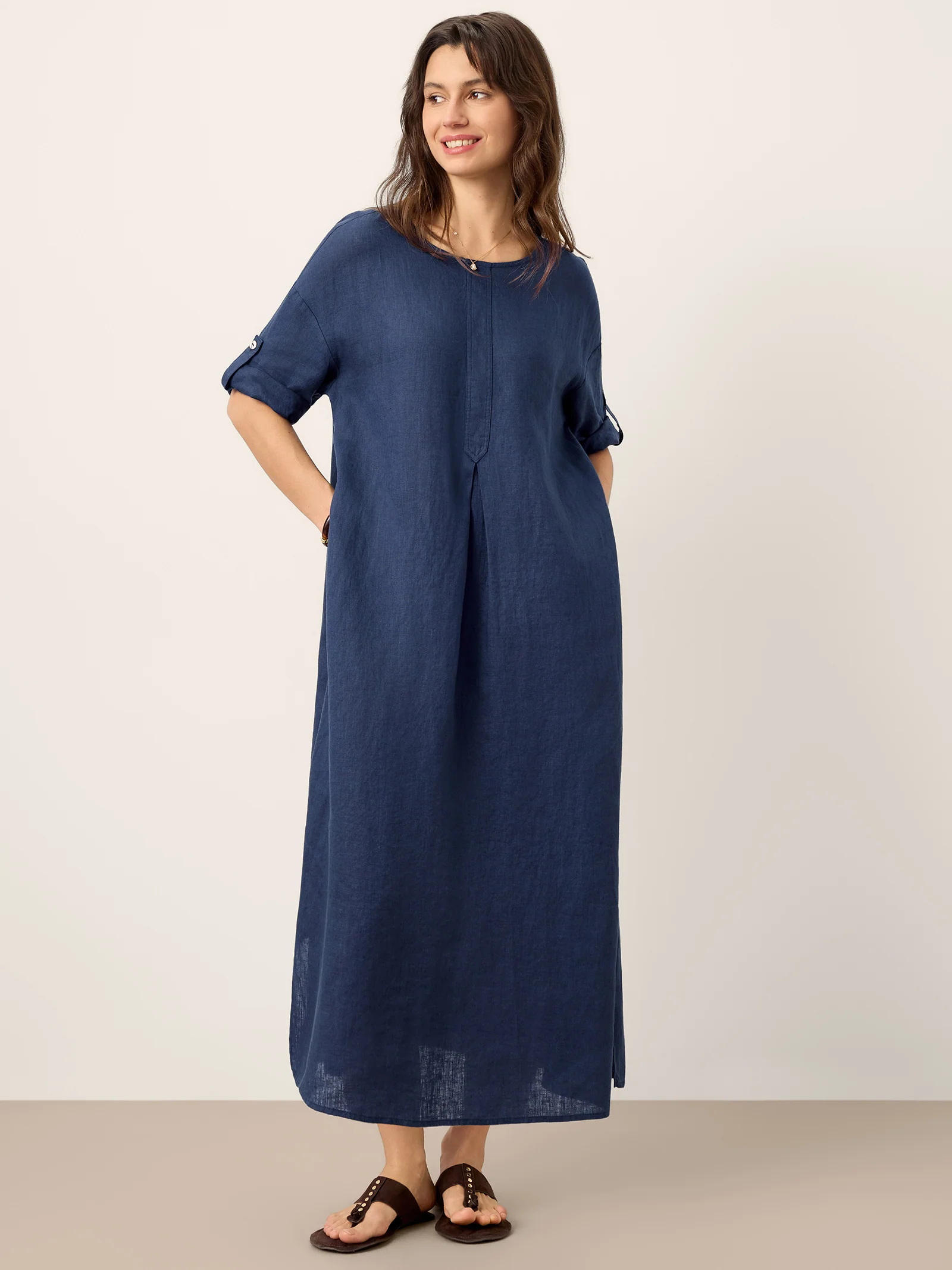 100% Linen Roll-Up Sleeve Inverted Pleat Maxi Dress MARIBEL