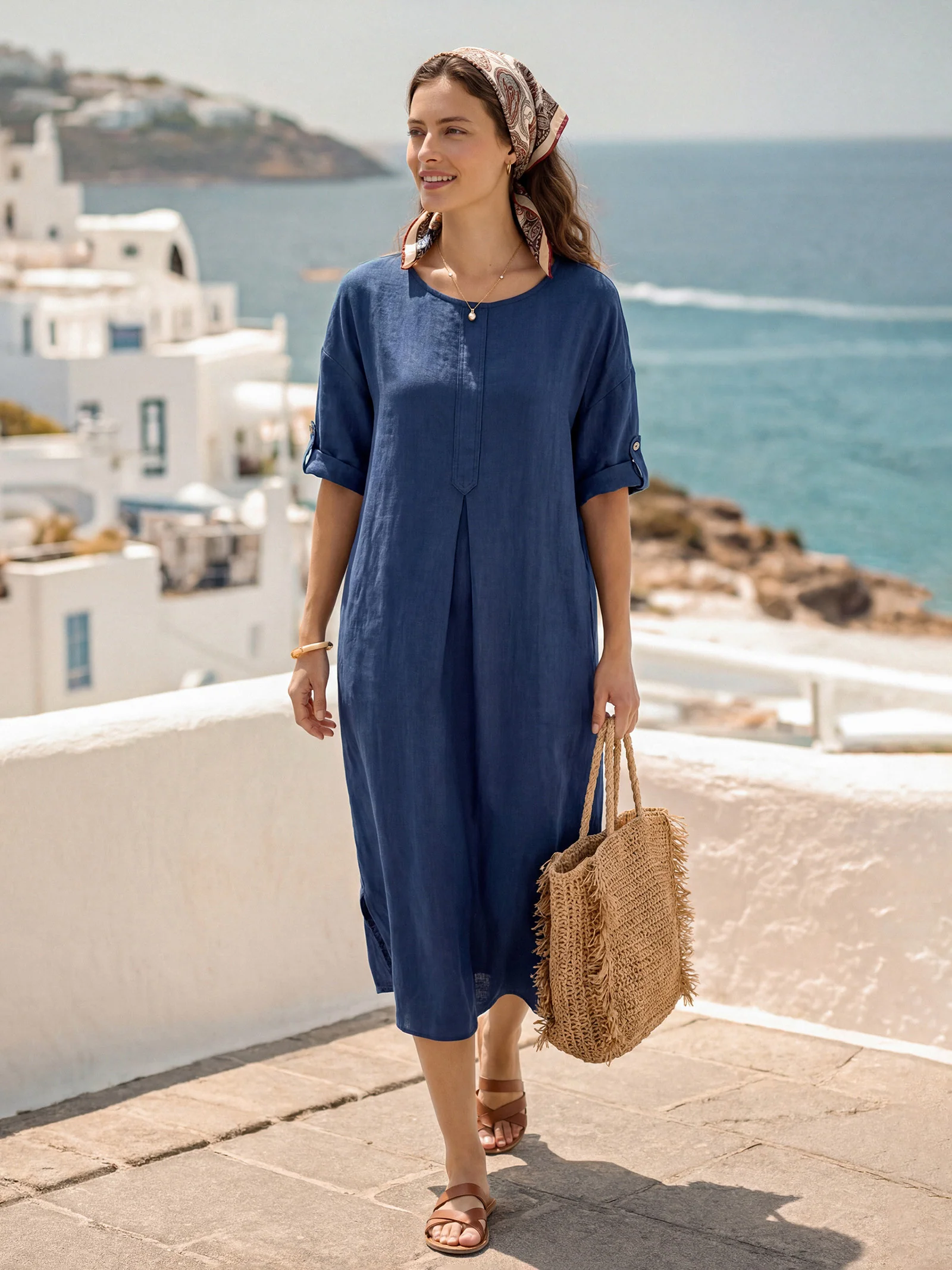 100% Linen Roll-Up Sleeve Inverted Pleat Maxi Dress MARIBEL - Image 2