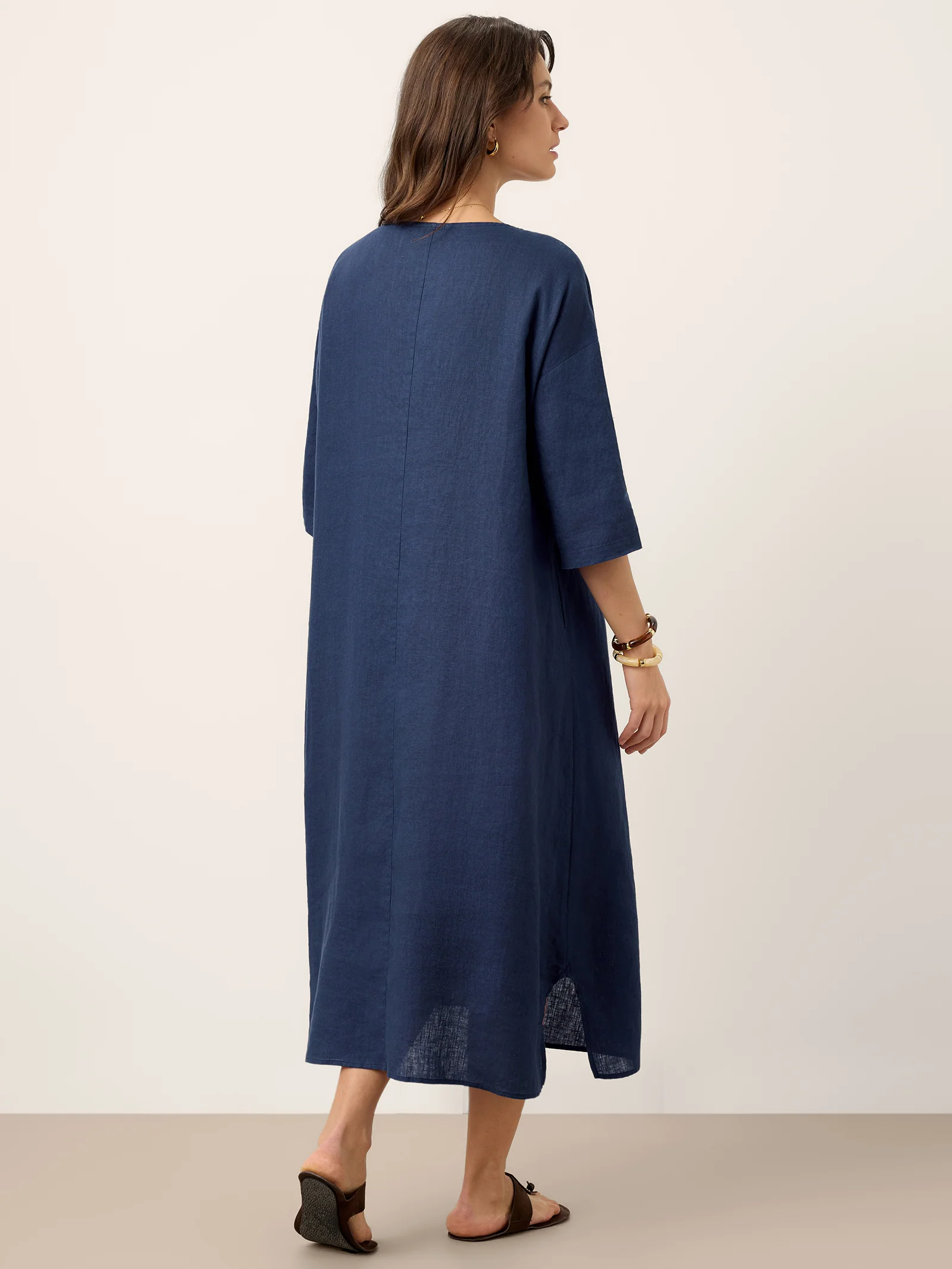 100% Linen Roll-Up Sleeve Inverted Pleat Maxi Dress MARIBEL - Image 3