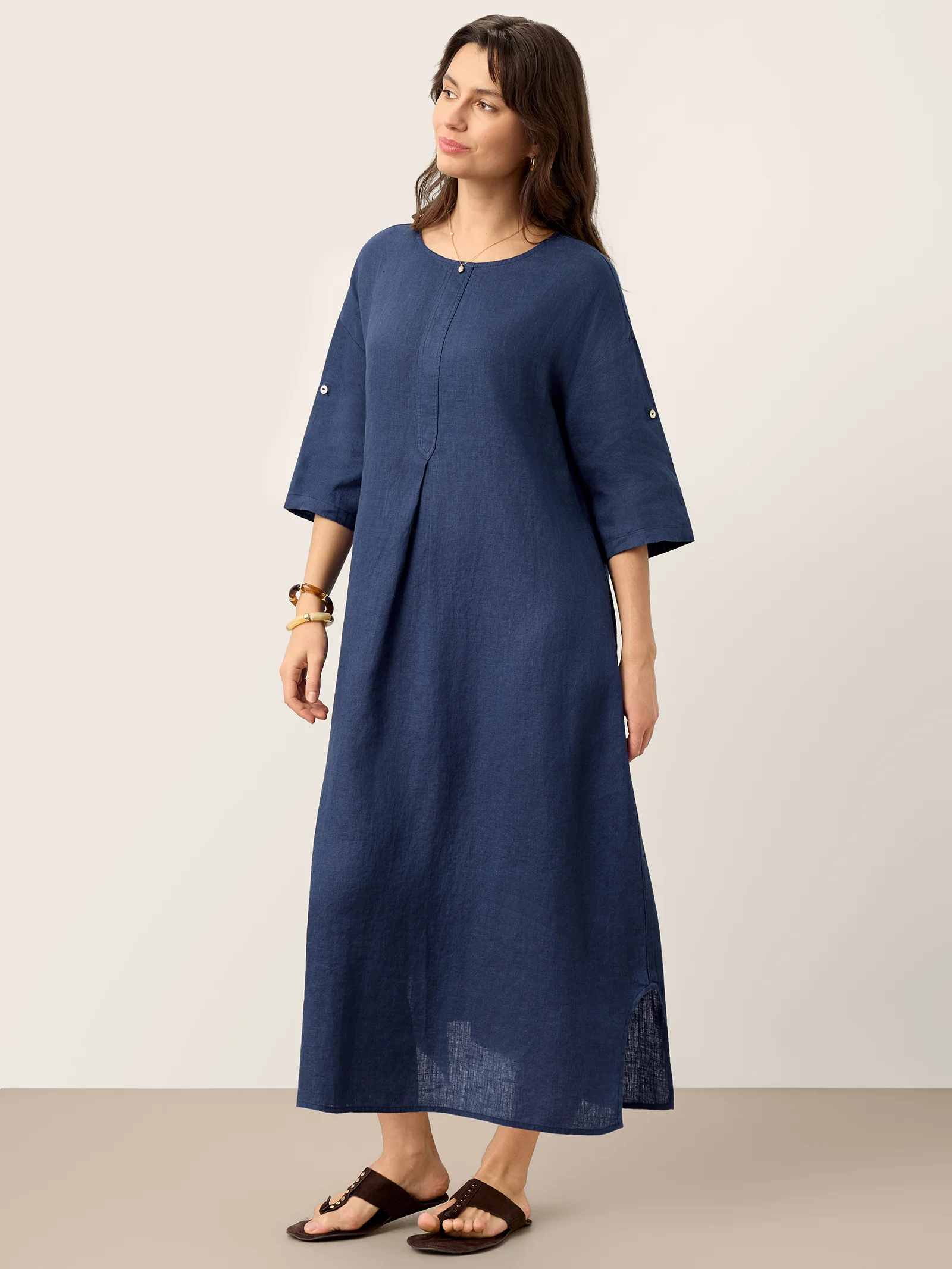 100% Linen Roll-Up Sleeve Inverted Pleat Maxi Dress MARIBEL - Image 4