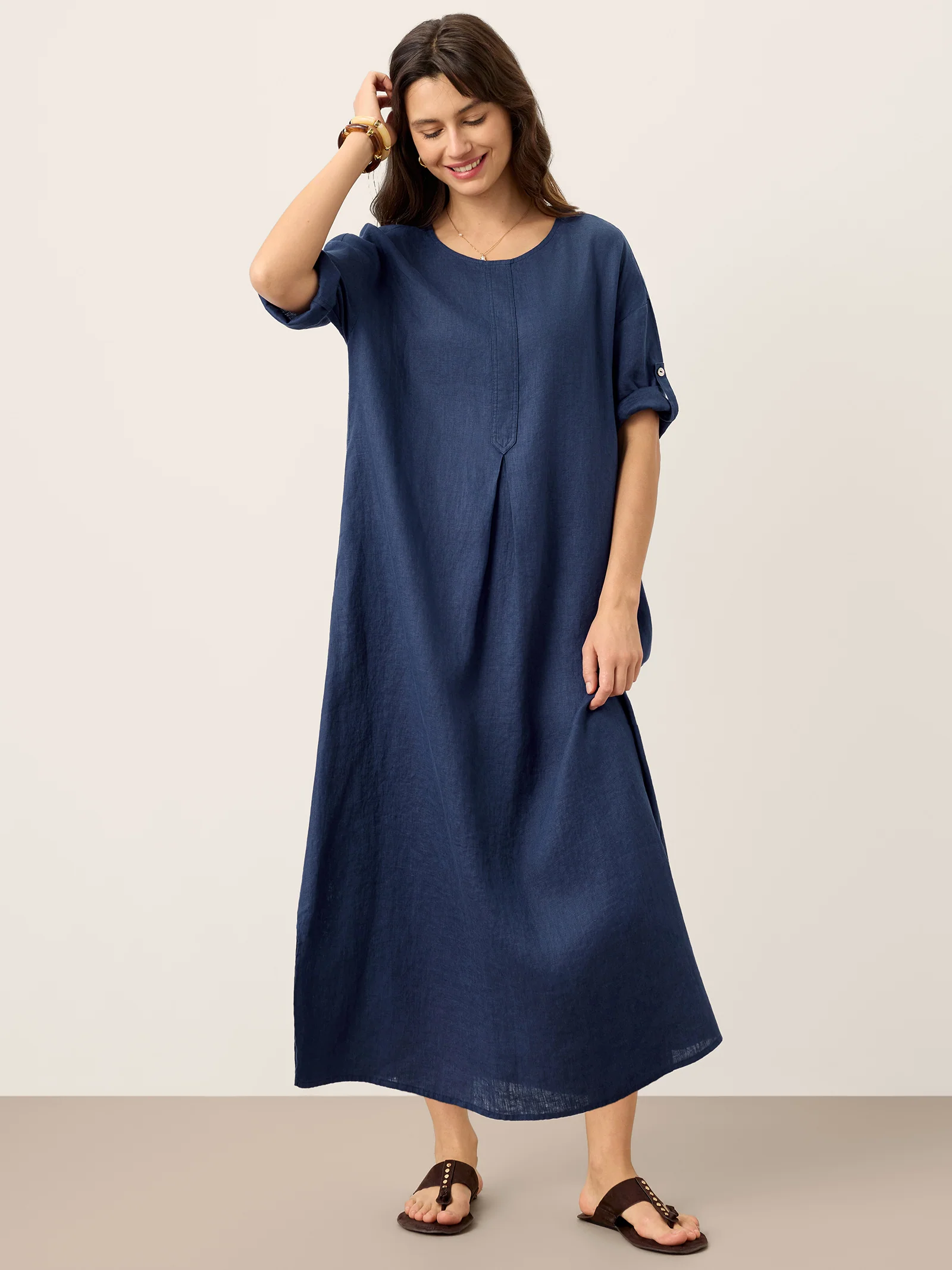100% Linen Roll-Up Sleeve Inverted Pleat Maxi Dress MARIBEL - Image 5