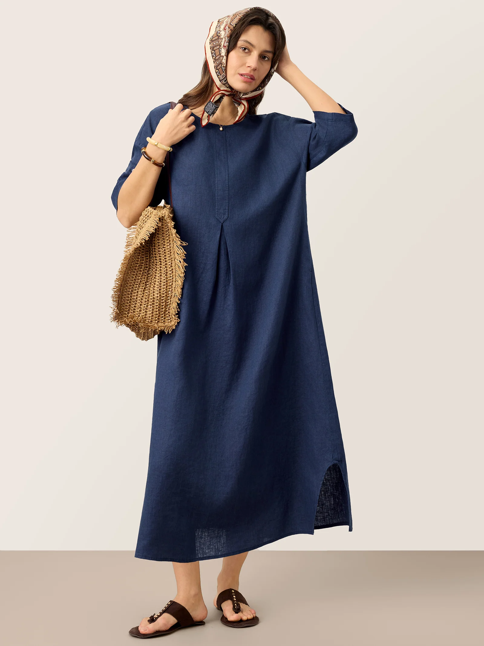 100% Linen Roll-Up Sleeve Inverted Pleat Maxi Dress MARIBEL - Image 6