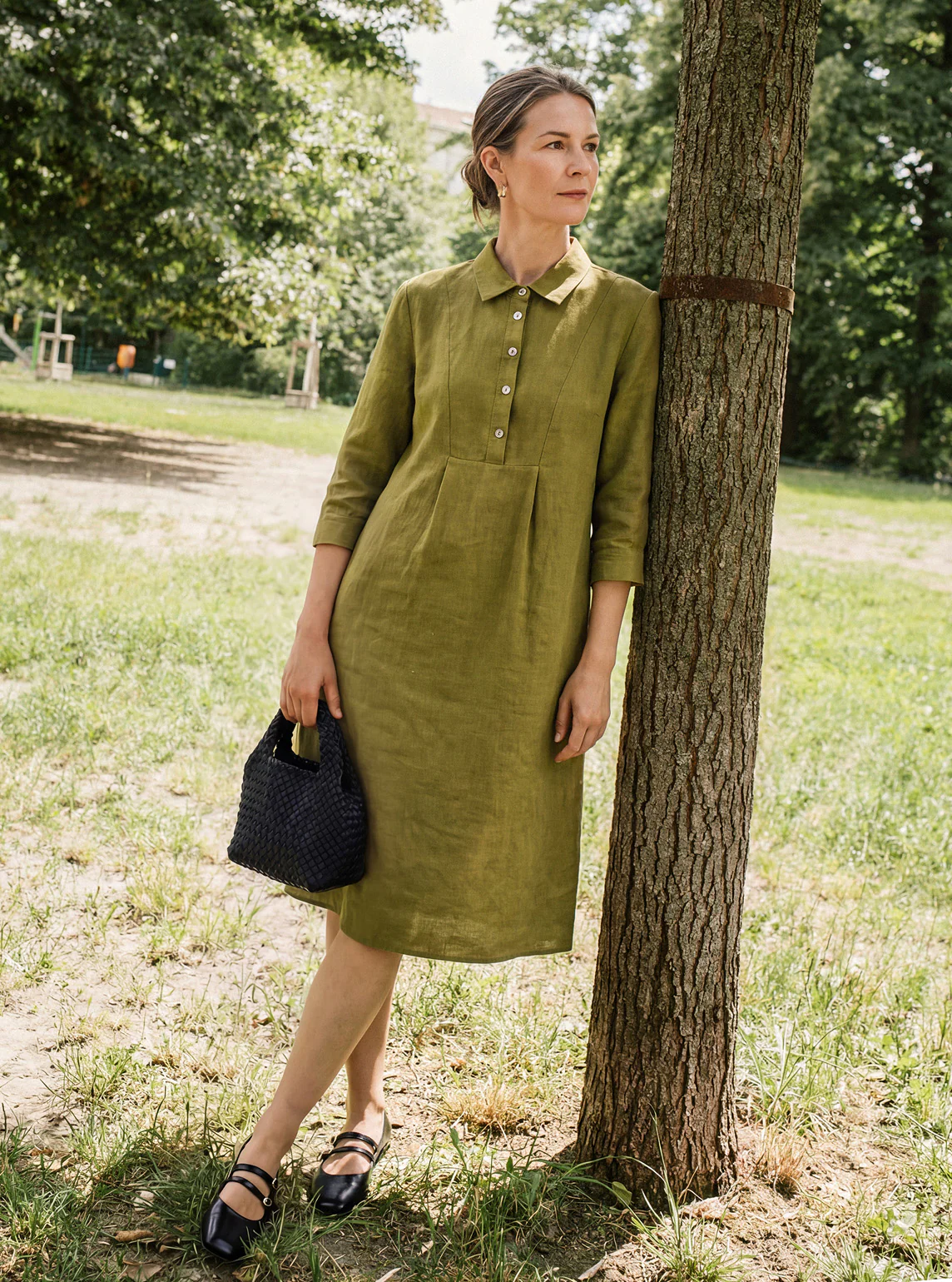 100% Linen Tailored Lapel 3/4 Sleeve Midi Shirt Dress MERCEDES - Image 2