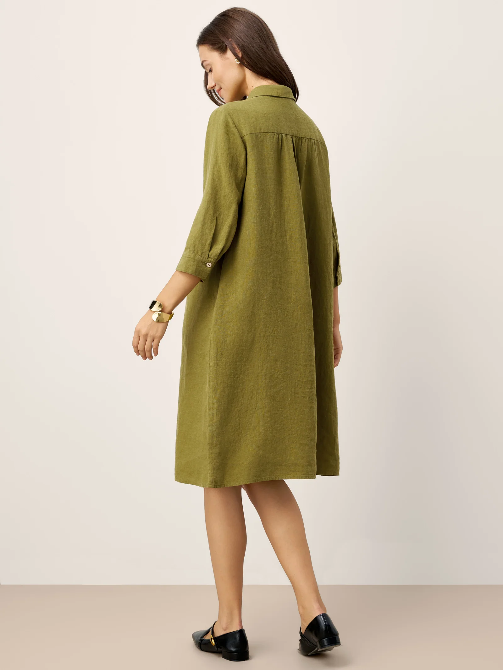 100% Linen Tailored Lapel 3/4 Sleeve Midi Shirt Dress MERCEDES - Image 3