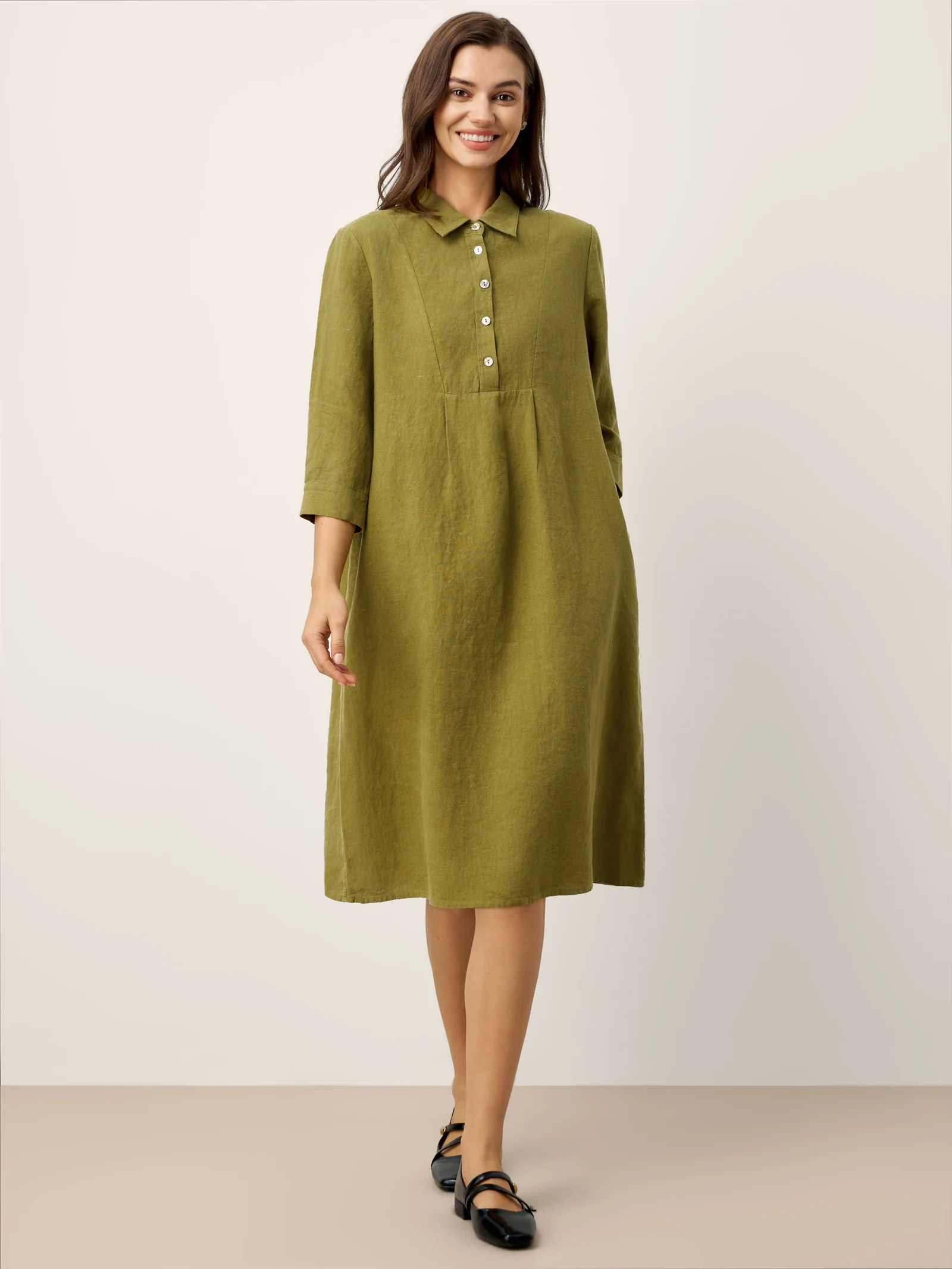 100% Linen Tailored Lapel 3/4 Sleeve Midi Shirt Dress MERCEDES - Image 4