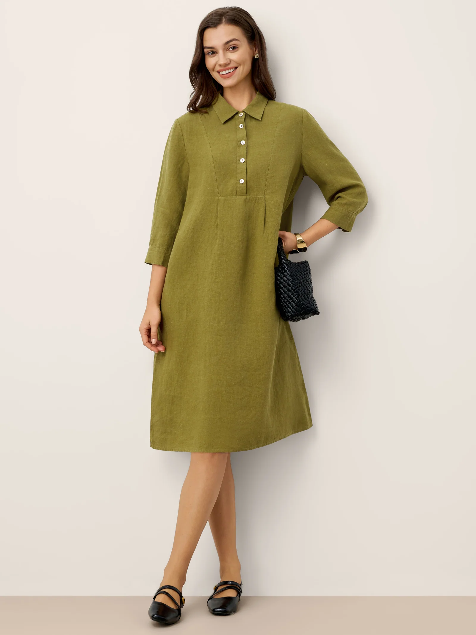 100% Linen Tailored Lapel 3/4 Sleeve Midi Shirt Dress MERCEDES - Image 5