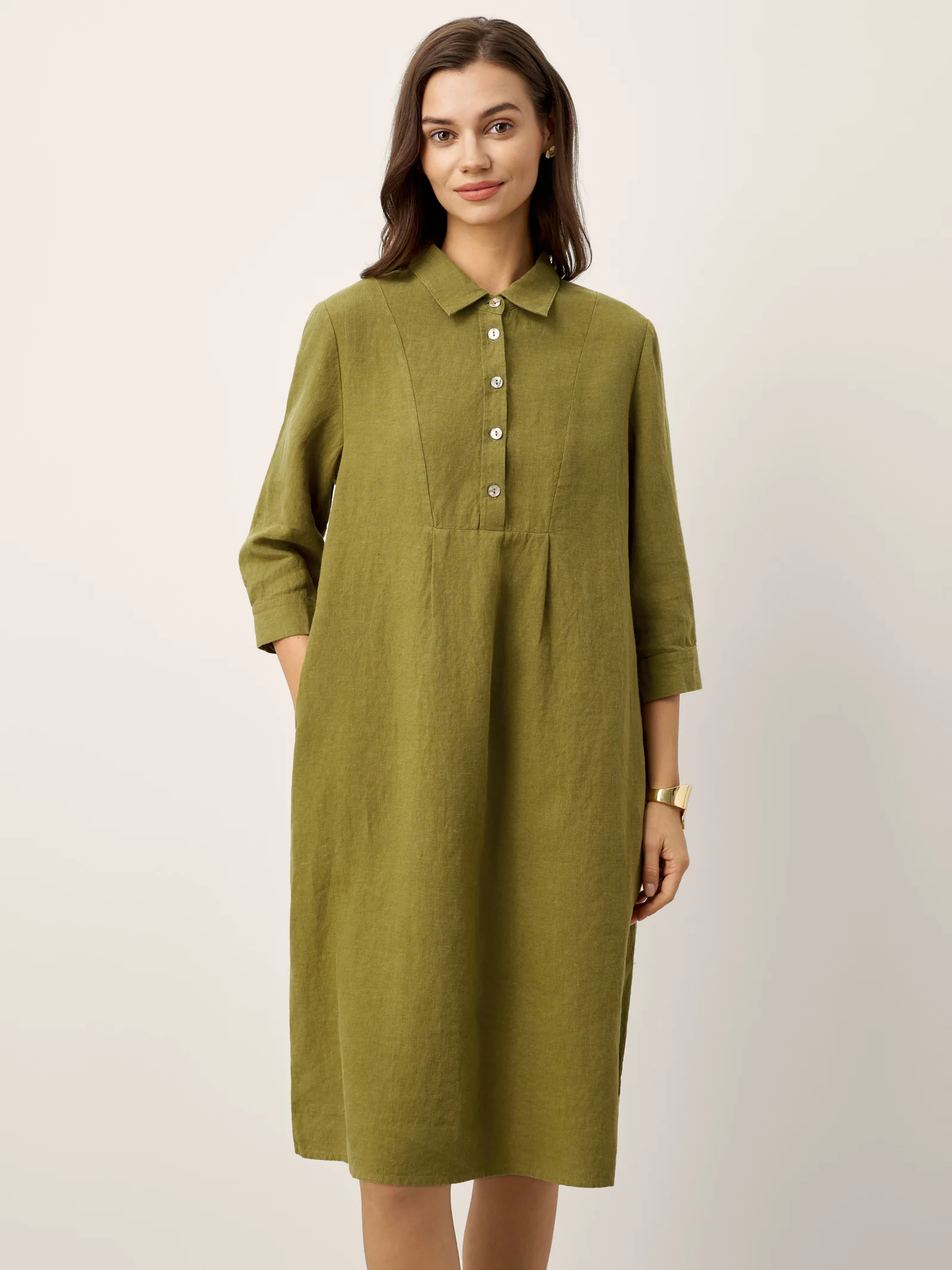 100% Linen Tailored Lapel 3/4 Sleeve Midi Shirt Dress MERCEDES - Image 6
