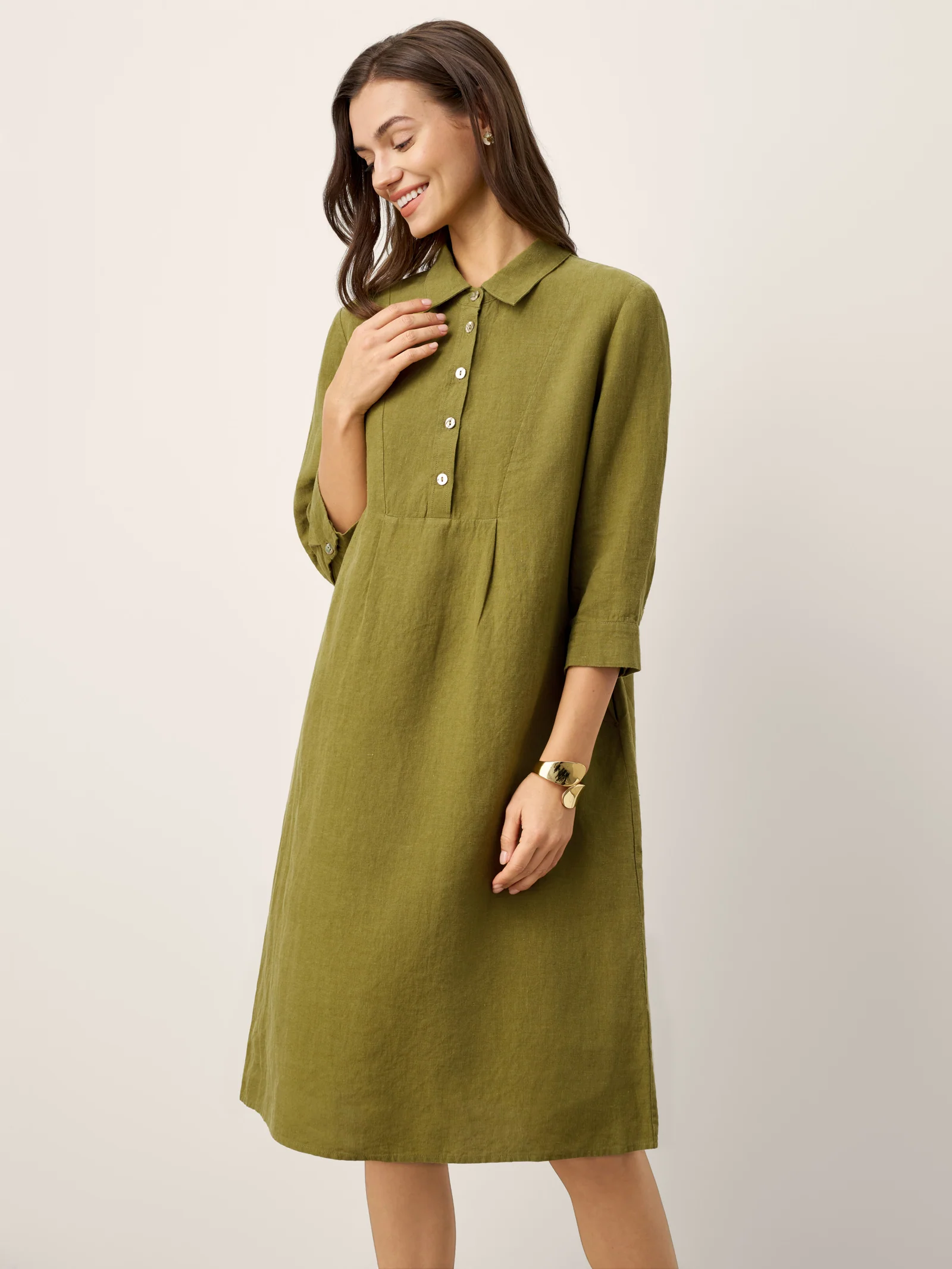 100% Linen Tailored Lapel 3/4 Sleeve Midi Shirt Dress MERCEDES - Image 7