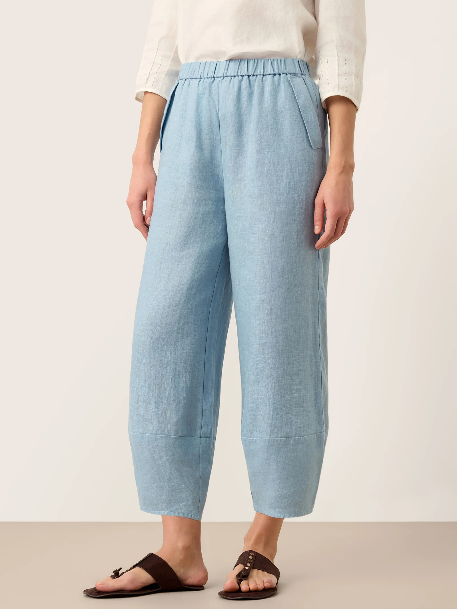 100% Linen Tapered Cropped Pull-On Trousers LORETTA
