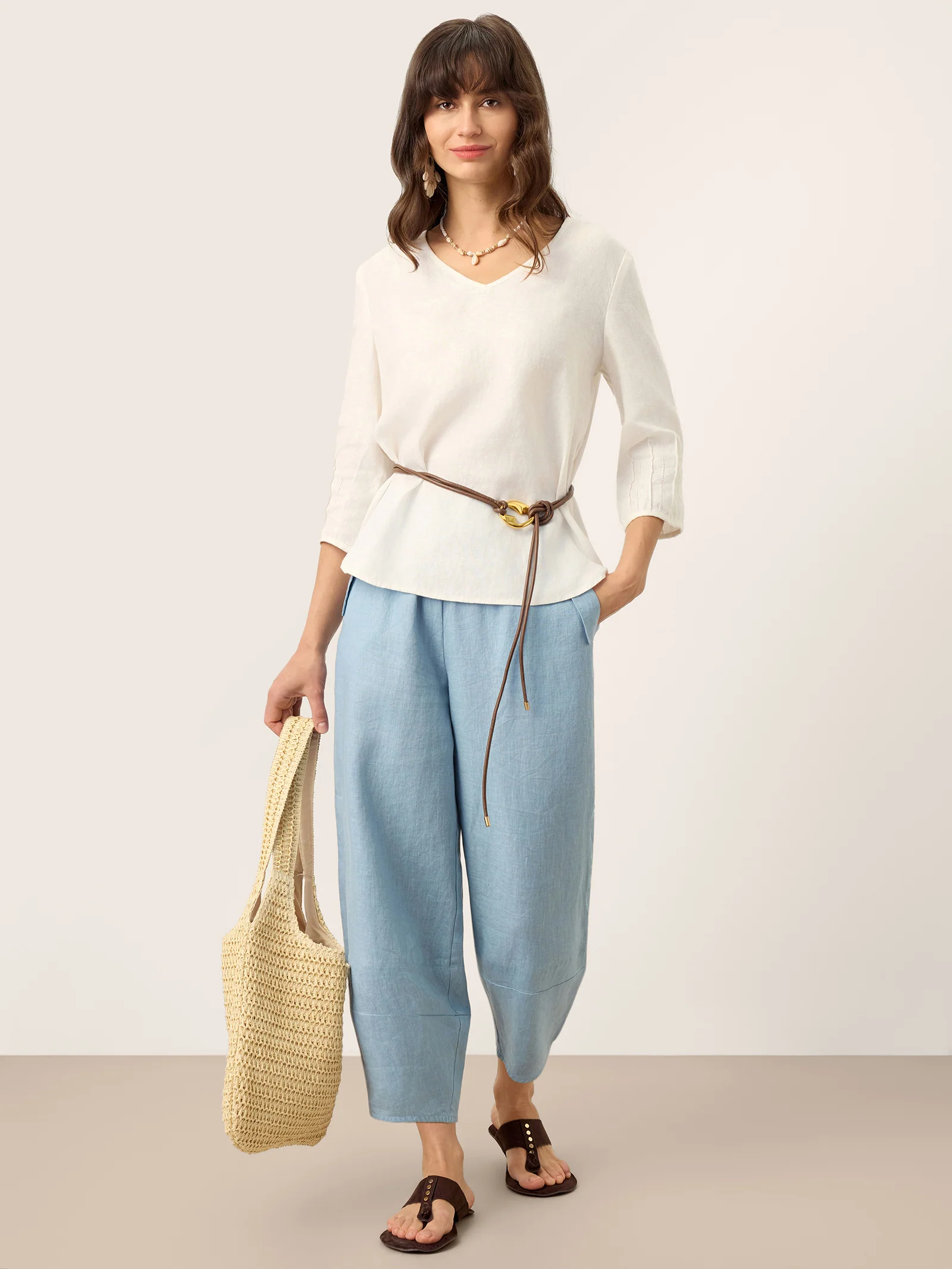 100% Linen Tapered Cropped Pull-On Trousers LORETTA - Image 10