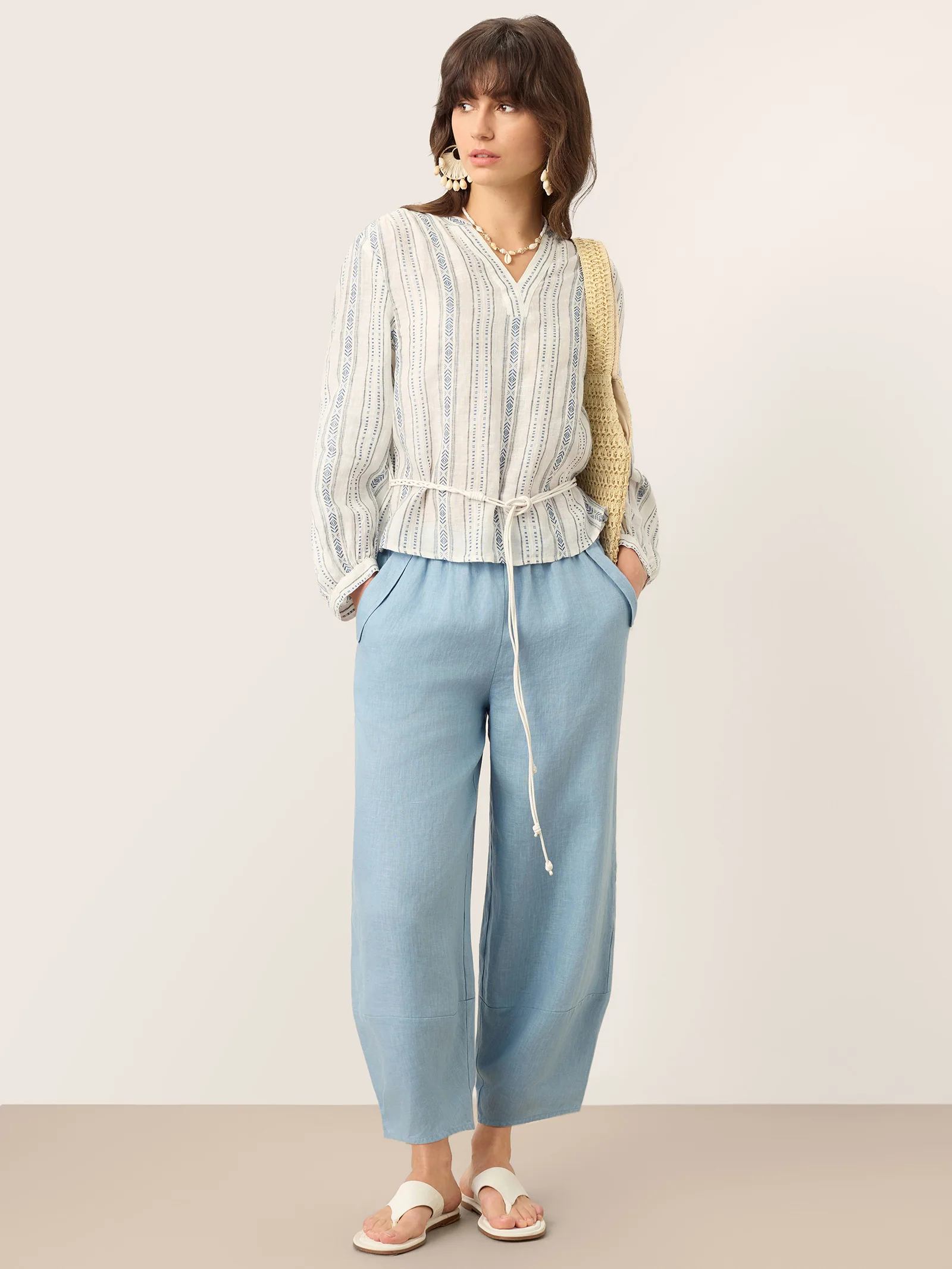 100% Linen Tapered Cropped Pull-On Trousers LORETTA - Image 11