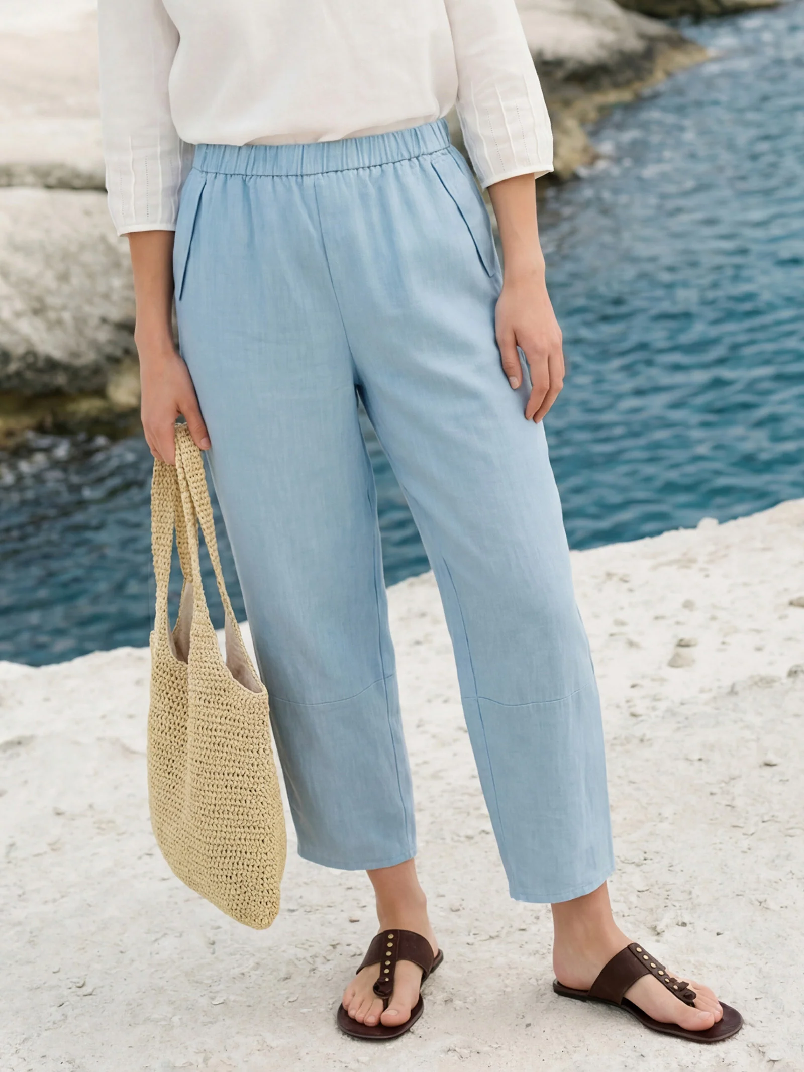 100% Linen Tapered Cropped Pull-On Trousers LORETTA - Image 2