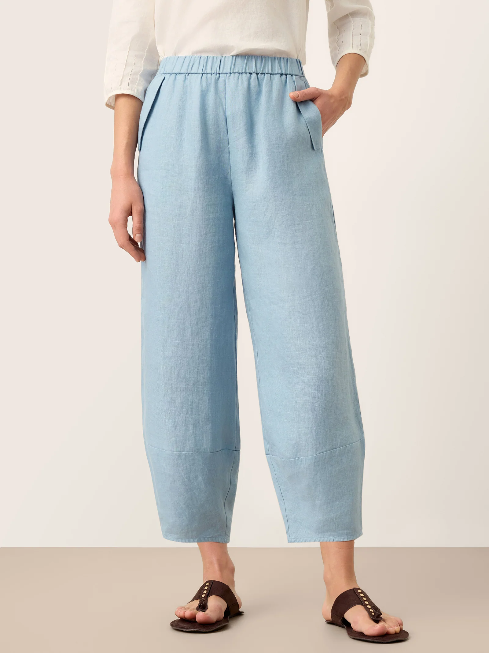 100% Linen Tapered Cropped Pull-On Trousers LORETTA - Image 3
