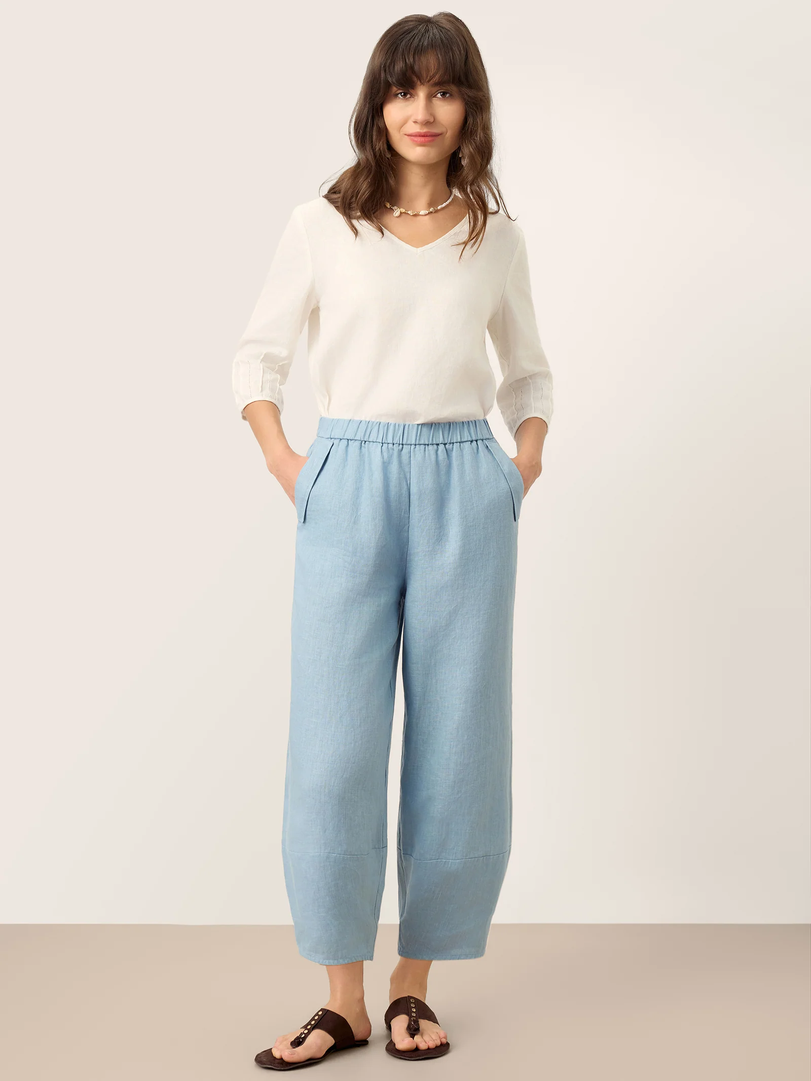 100% Linen Tapered Cropped Pull-On Trousers LORETTA - Image 9