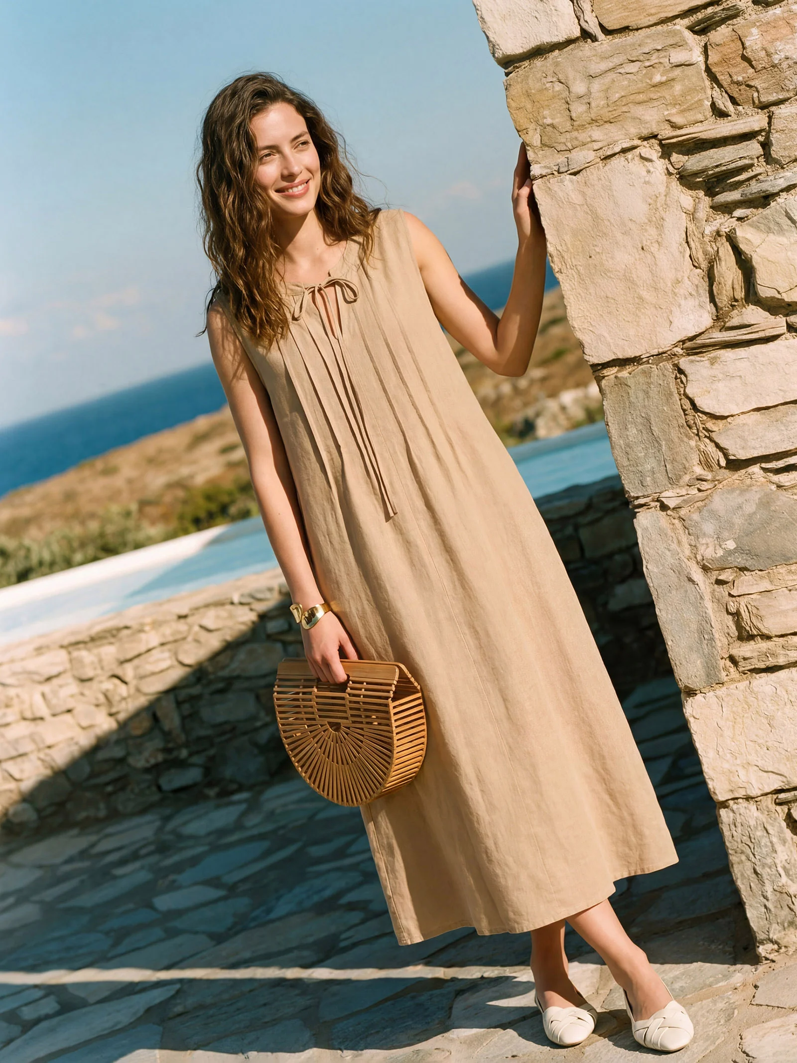 100% Linen Sleeveless Tie-Neck Pintucked Maxi Dress MILLICENT - Image 2