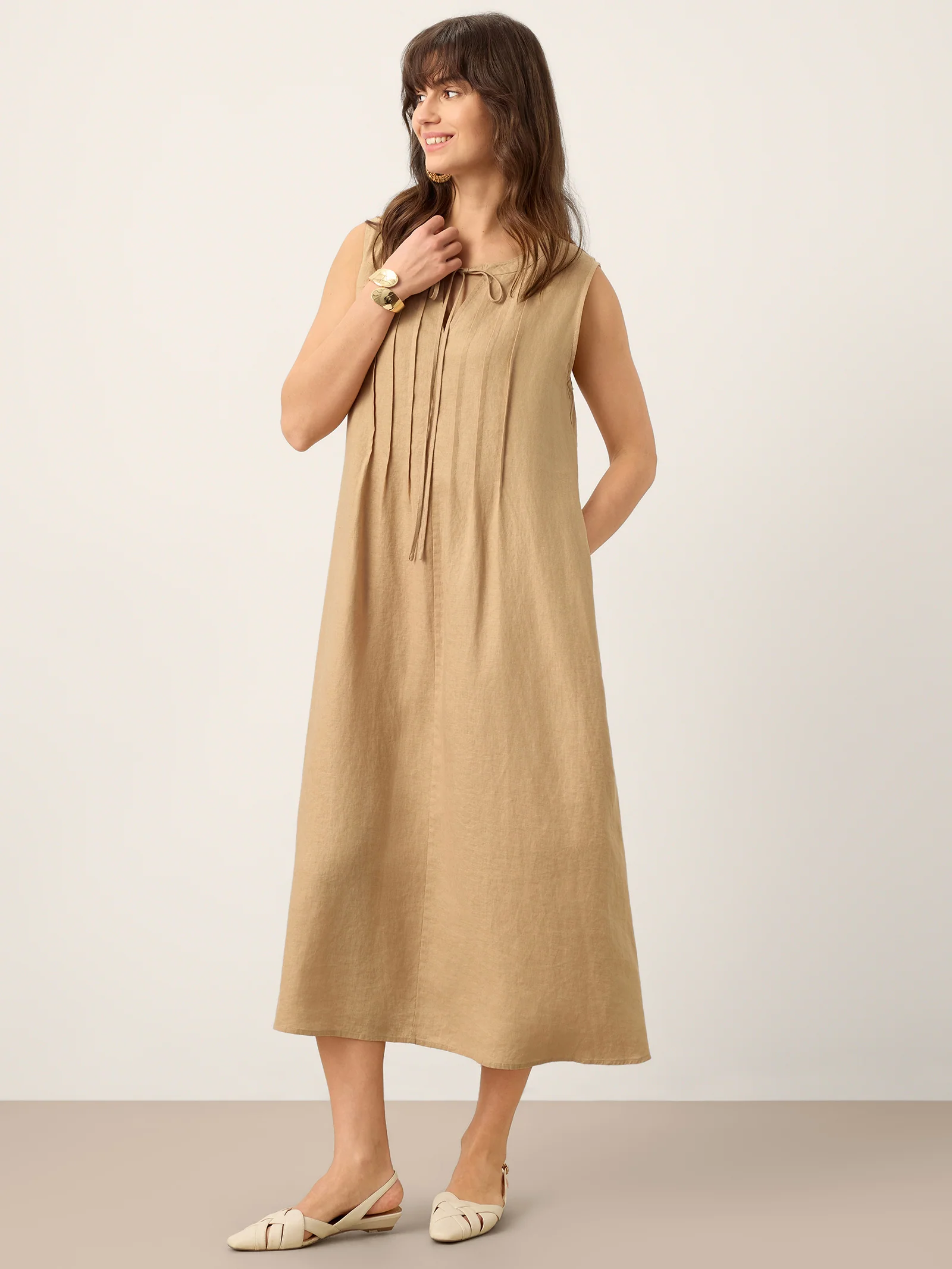 100% Linen Sleeveless Tie-Neck Pintucked Maxi Dress MILLICENT - Image 4