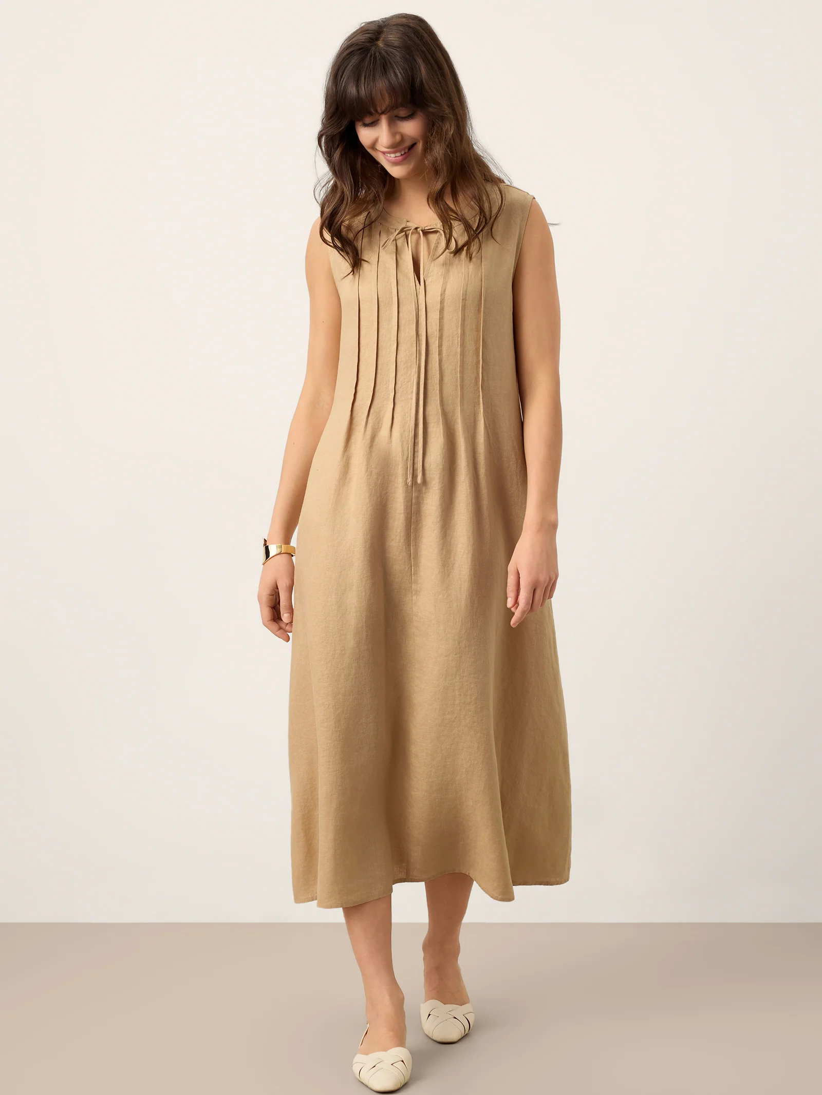 100% Linen Sleeveless Tie-Neck Pintucked Maxi Dress MILLICENT - Image 5
