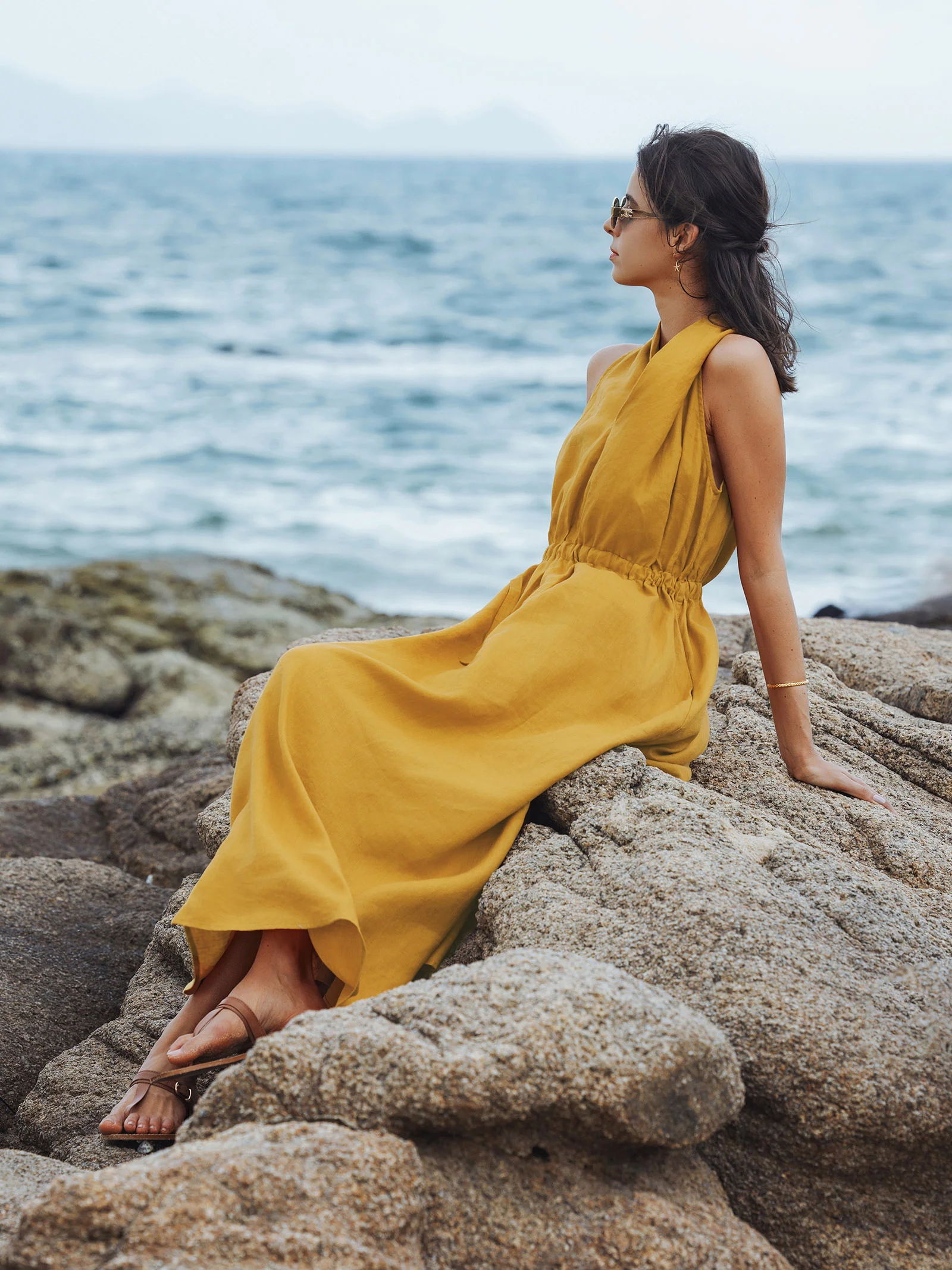 100% Linen V-Neck Halter Maxi Dress BETH - Image 2