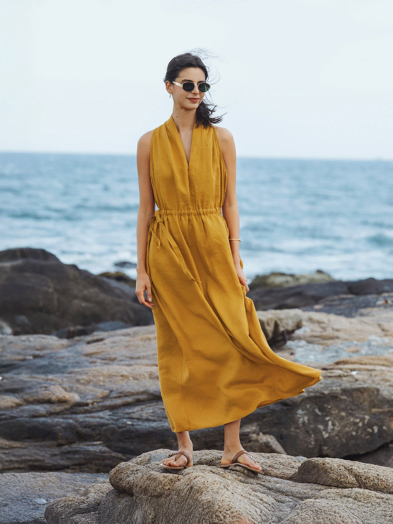 100% Linen V-Neck Halter Maxi Dress BETH - Image 3