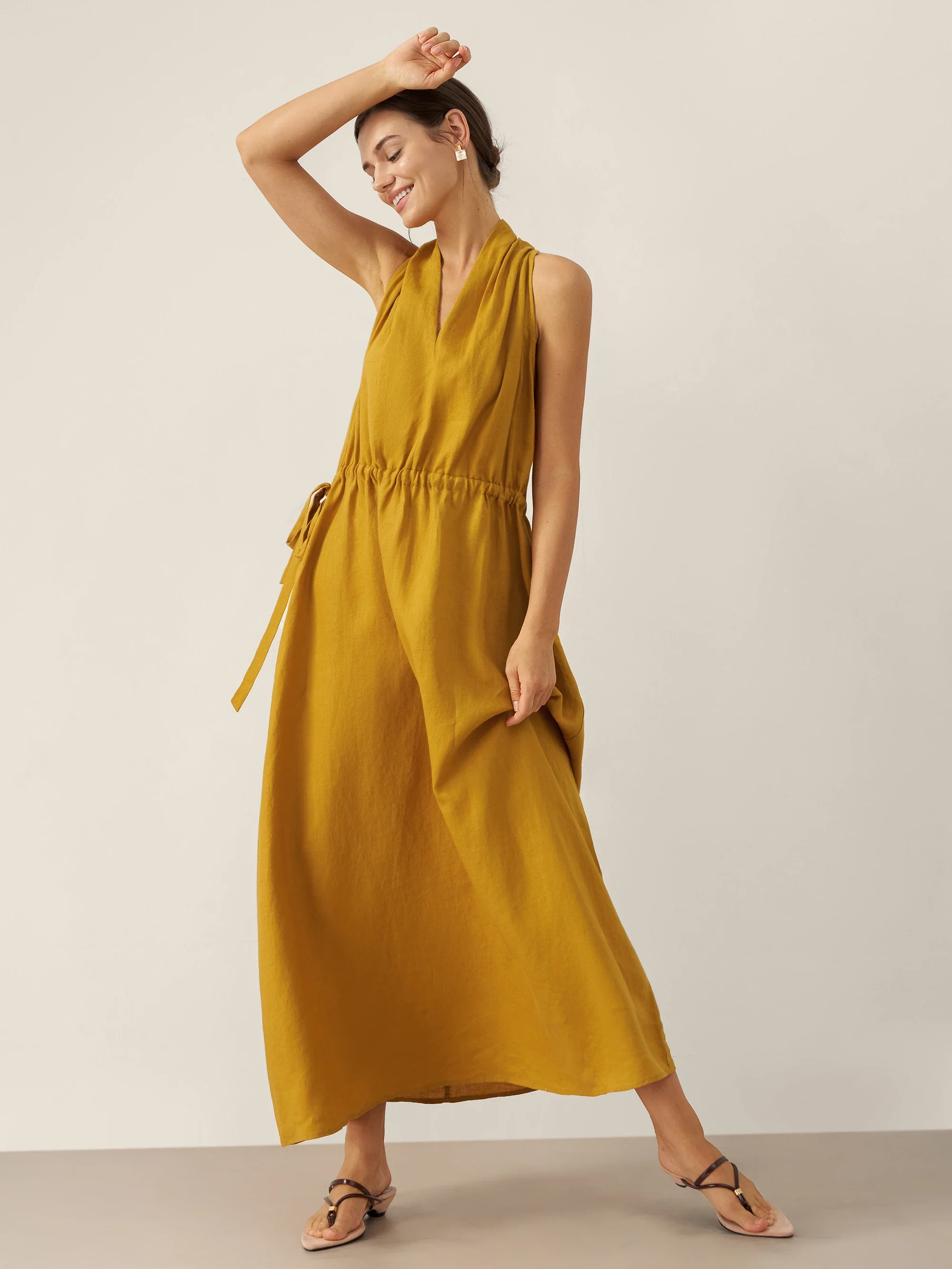 100% Linen V-Neck Halter Maxi Dress BETH - Image 8