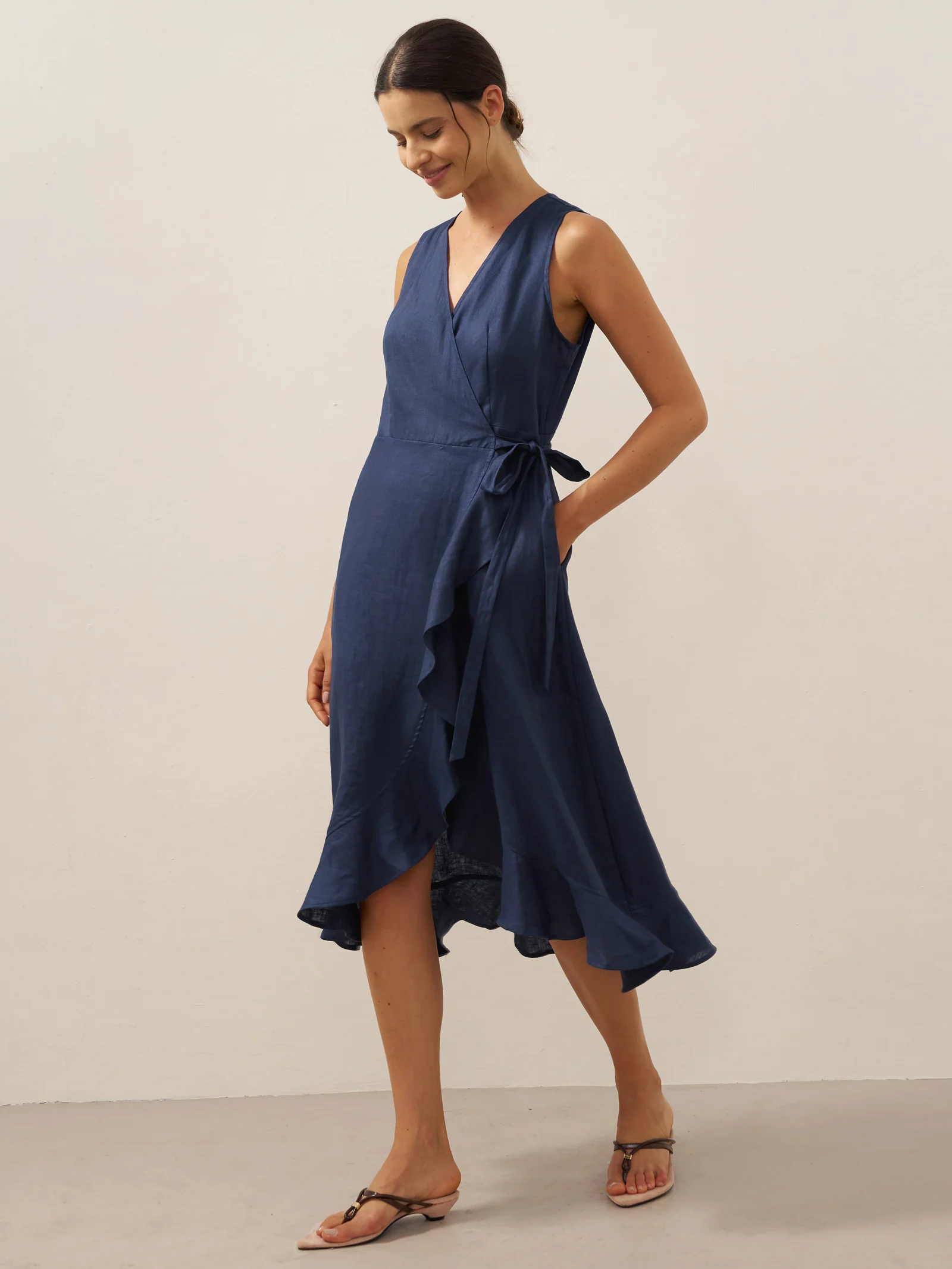 100% Linen V-Neck One-Piece Ruffle Hem Maxi Dress MAYA - Image 11