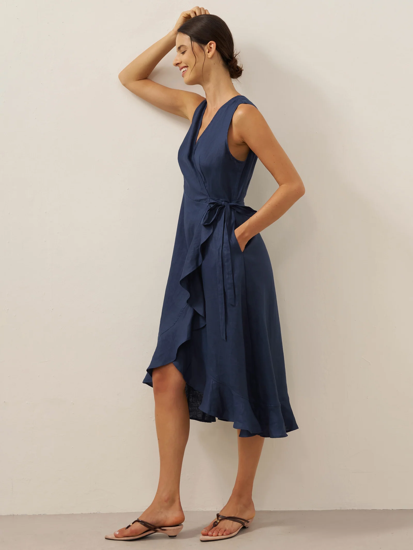 100% Linen V-Neck One-Piece Ruffle Hem Maxi Dress MAYA - Image 12